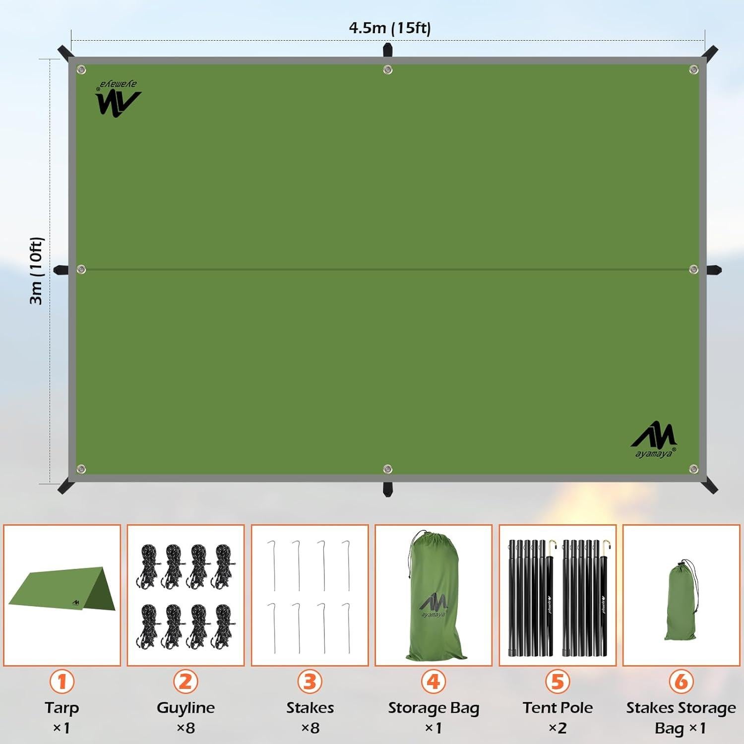 Lona de Camping AYAMAYA 3x4.5m Impermeable con Postes