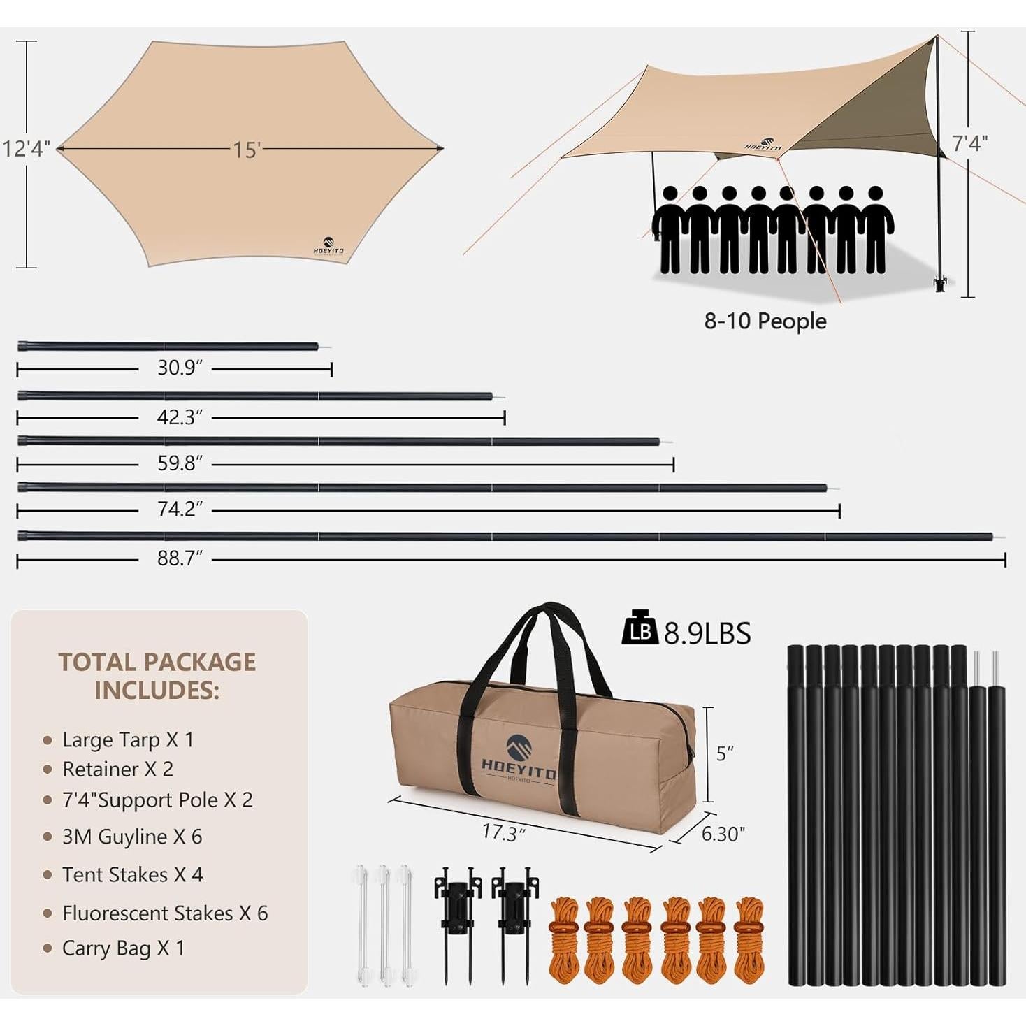 Toldo de Camping HOEYITO 4.57x3.81m Impermeable Anti-UV