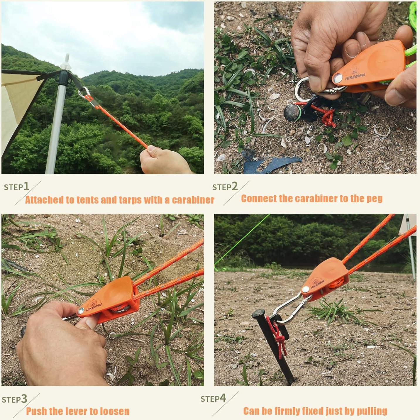 Cuerda de Camping HIKEMAN 4m Ajustable con Polea y Carabineros