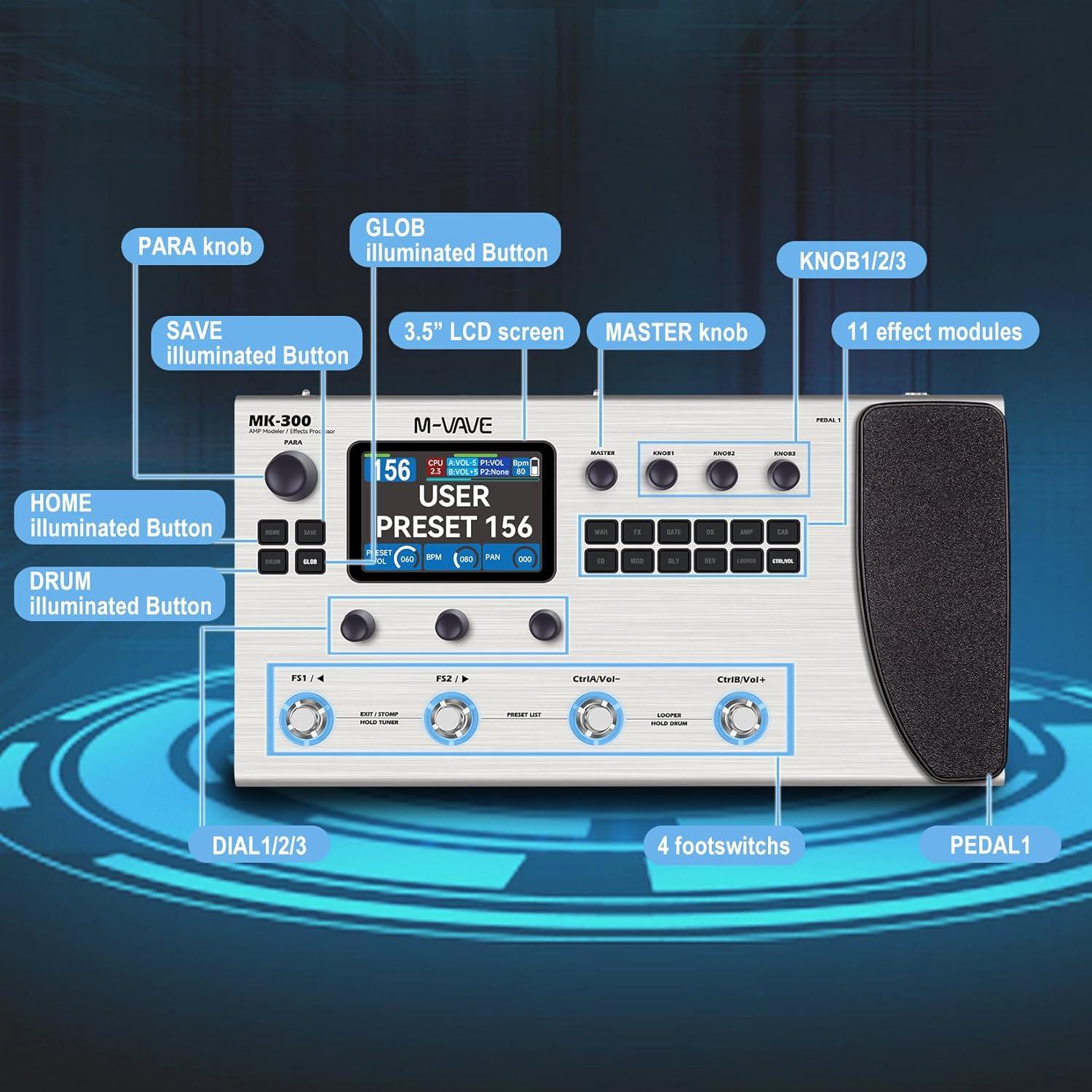 Procesador de Efectos MK-300 de Bajo - 320+ Efectos, 10H Batería