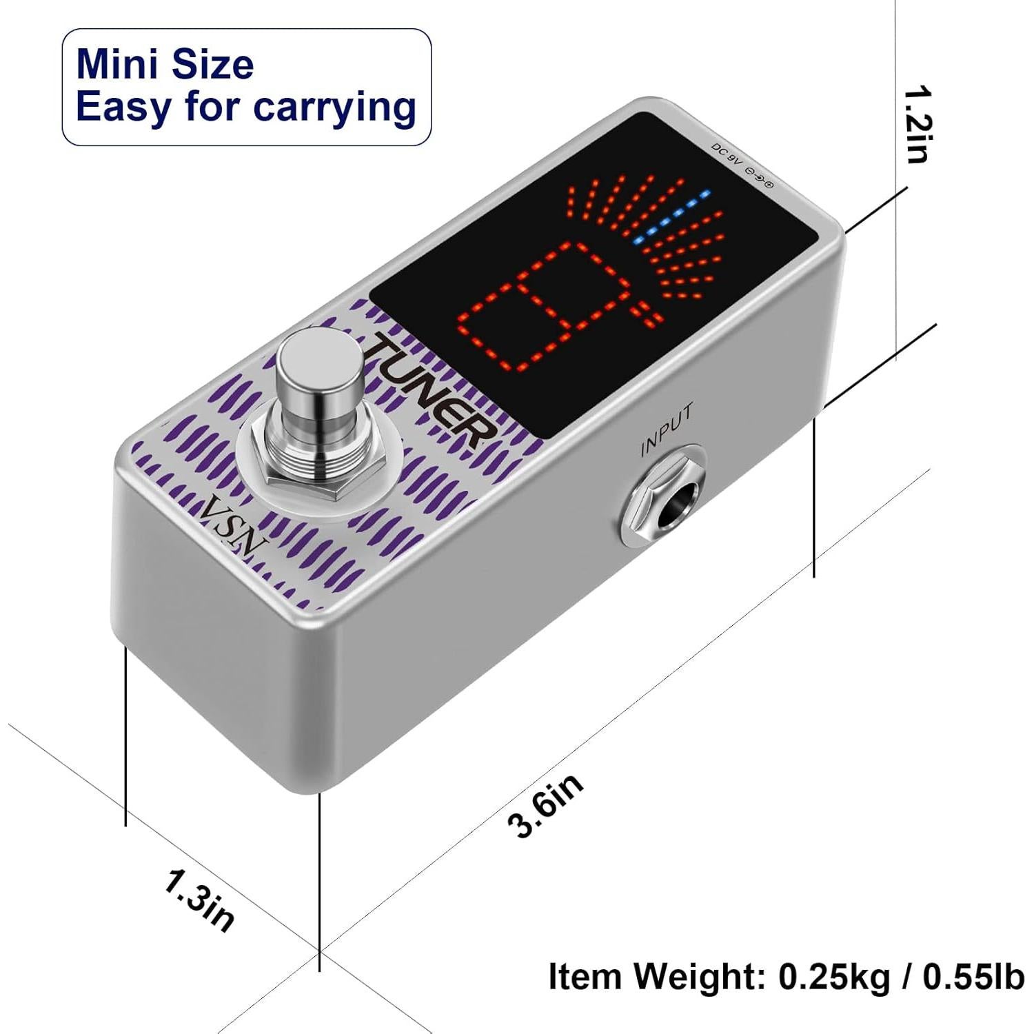 Pedal Afinador de Guitarra VSN Cromático Mini 9V Alta Precisión