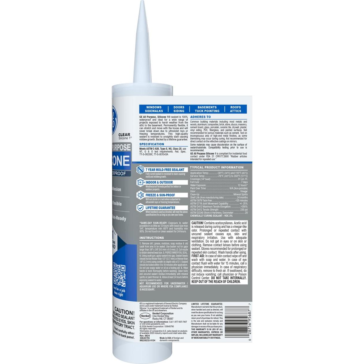 Sellador de Silicona Multiusos GE 295 ml Transparente 100% Impermeable