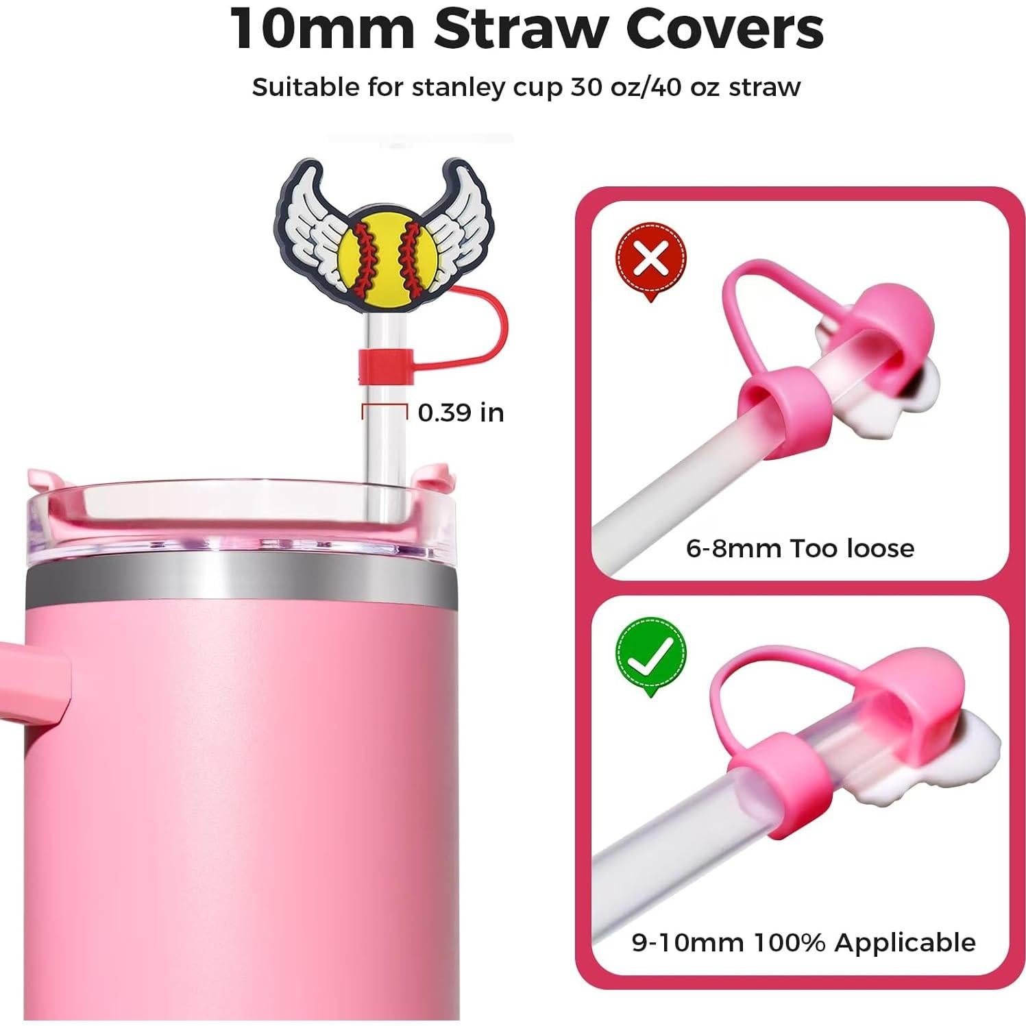 6PCS Baseball Straw Covers for Stanley Cups – Cute 10mm Reusable Silicone Toppers for 30oz/40oz Tumblers with Handle, Straw Tip Covers, Durable Accessories for Stanley Cup Drinkware
