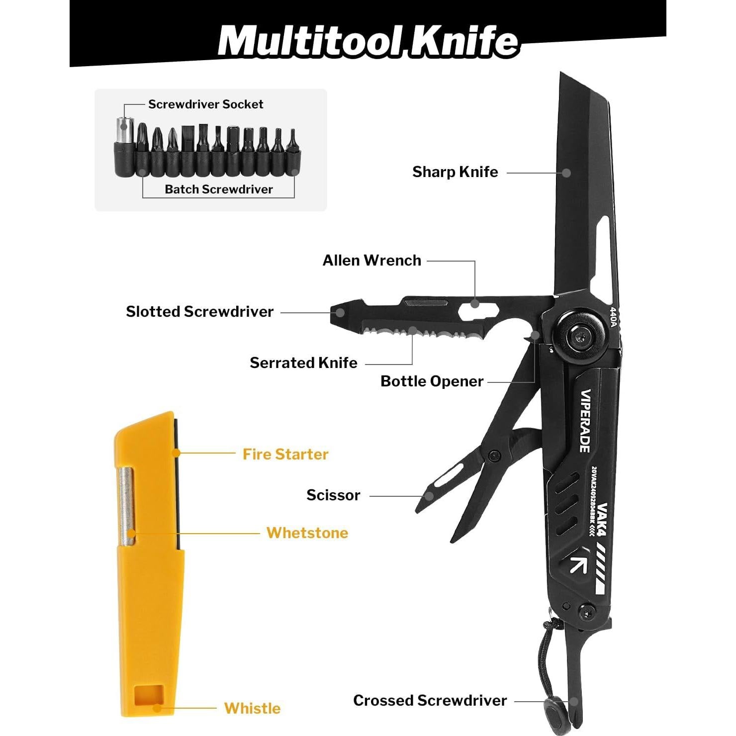 Cuchillo de bolsillo VIPERADE VAK4 12-en-1 con funda negra