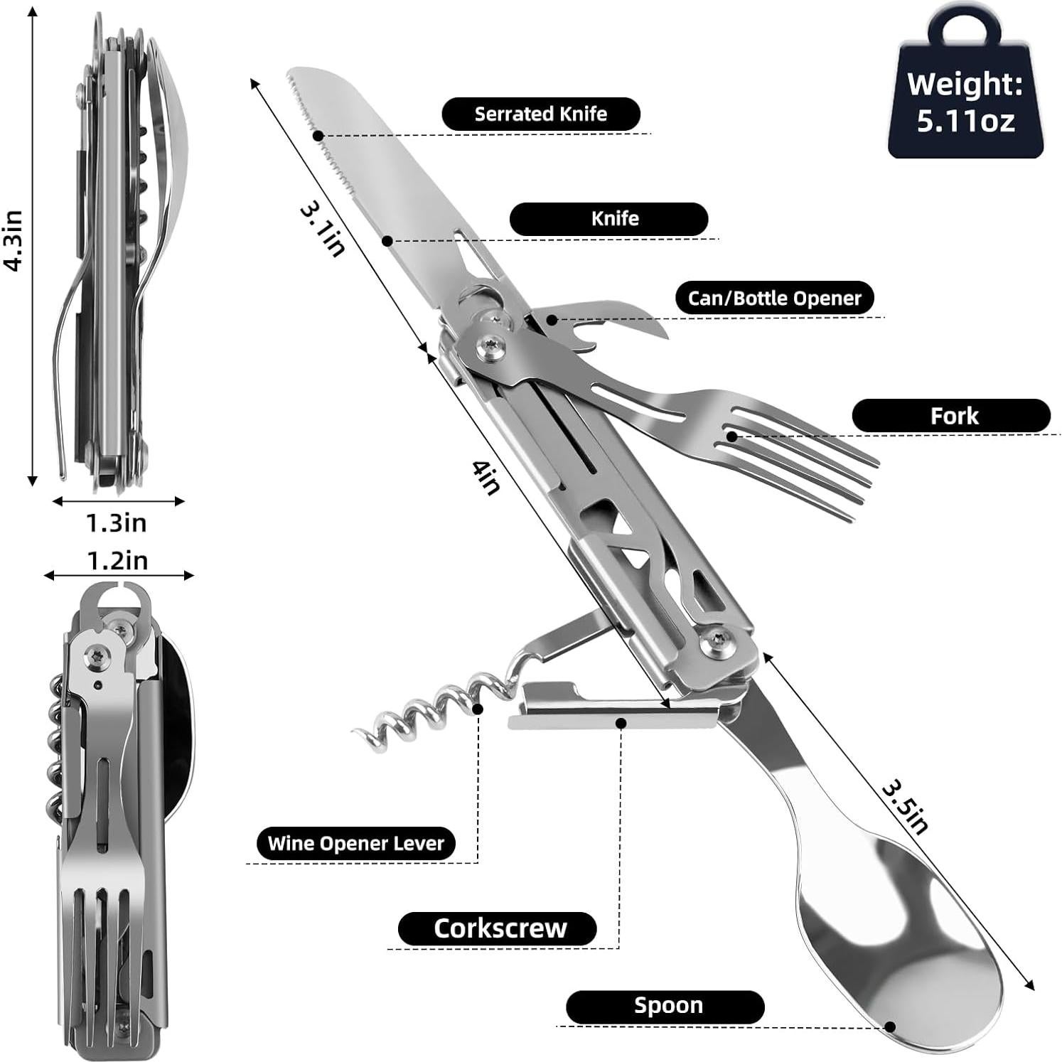 Juego de Utensilios de Camping 5 en 1 Genérico - Acero Inoxidable