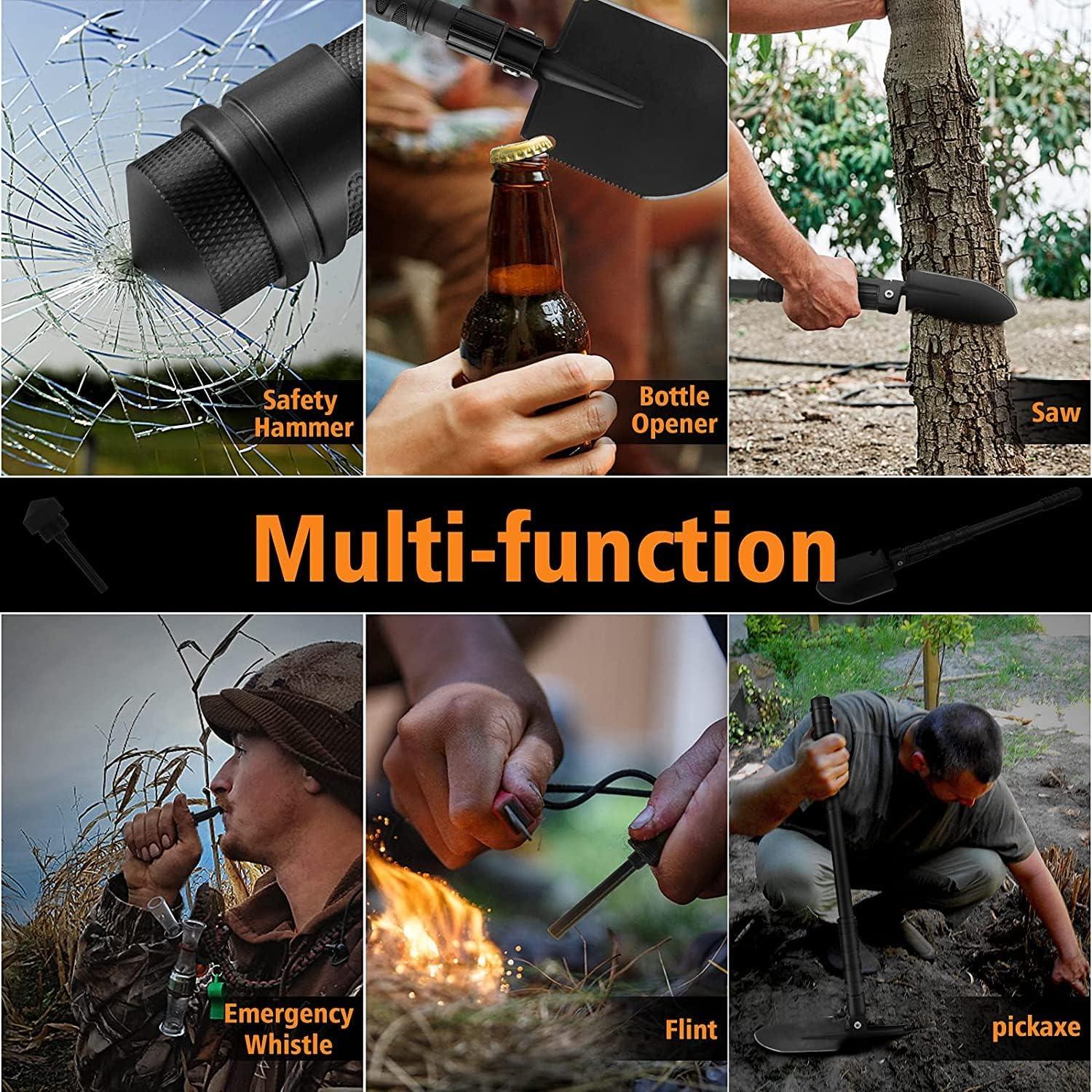 Pala de Camping Plegable FLYEGO 9-en-1, Acero Carbono, 63 cm