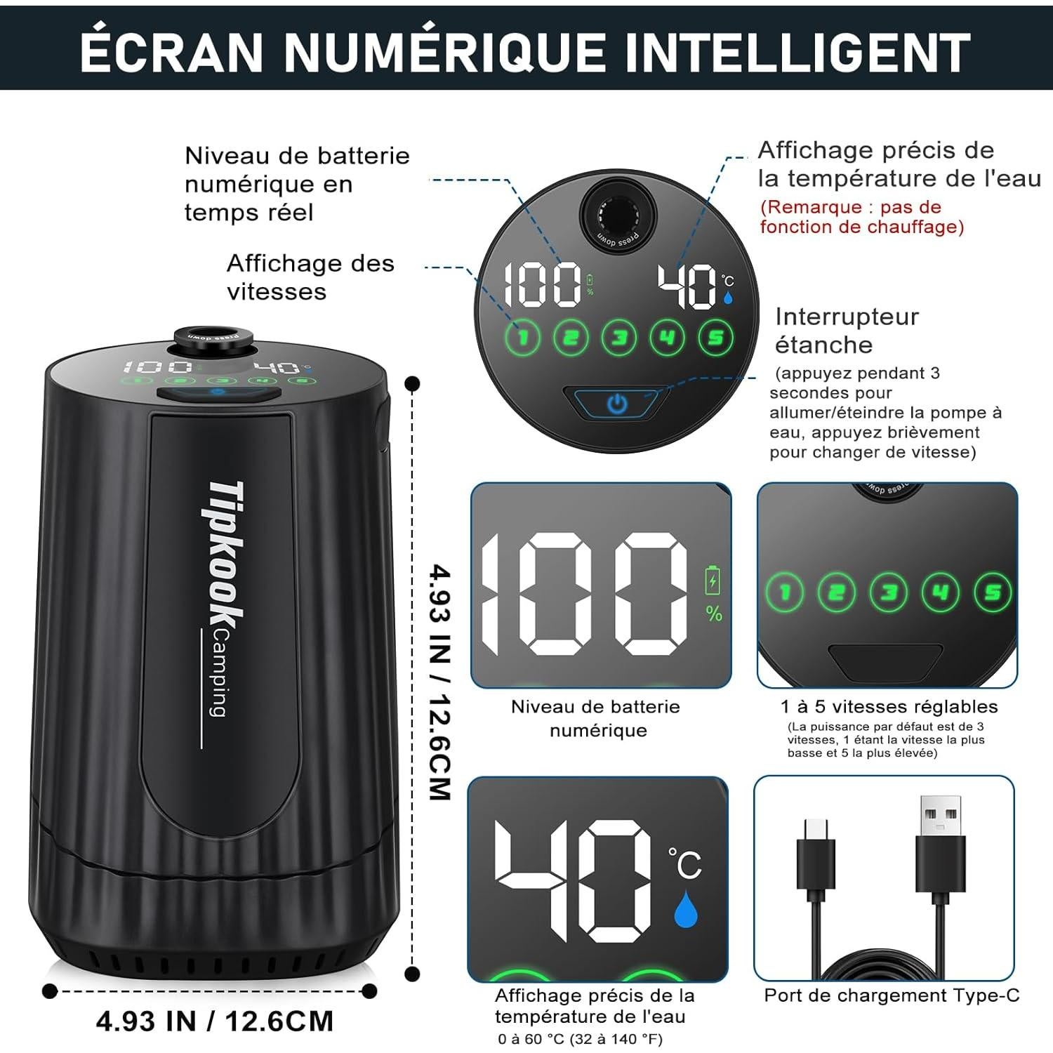 Ducha portátil recargable 10000mAh IPX8 - Bomba de camping