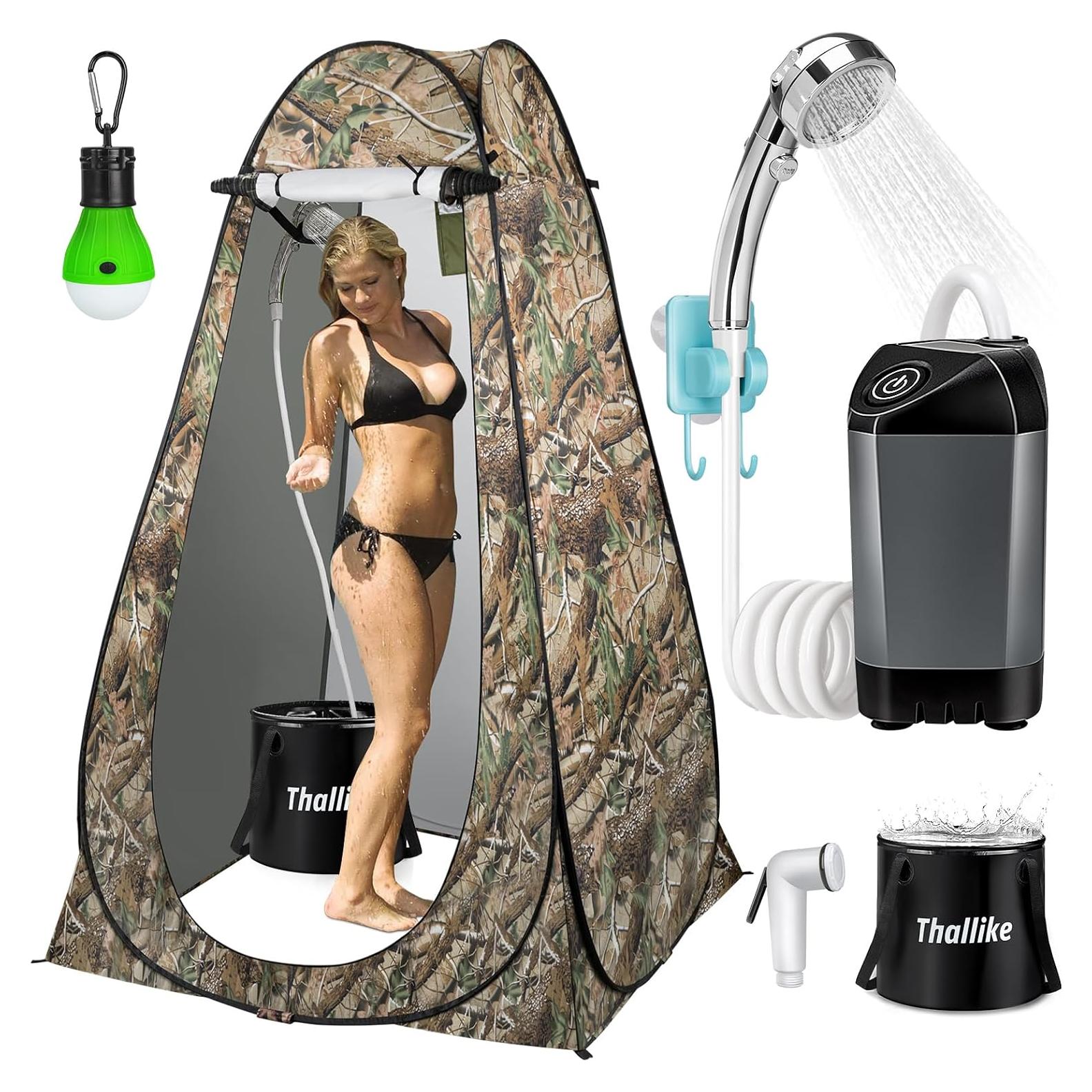 Portable Shower for Camping with Immersion Water Heater, Rechargeable Camping Shower Pump, Outdoor Hot Shower with 6.6 Gallons Folding Bucket for Camping, Hiking, Traveling, Washing