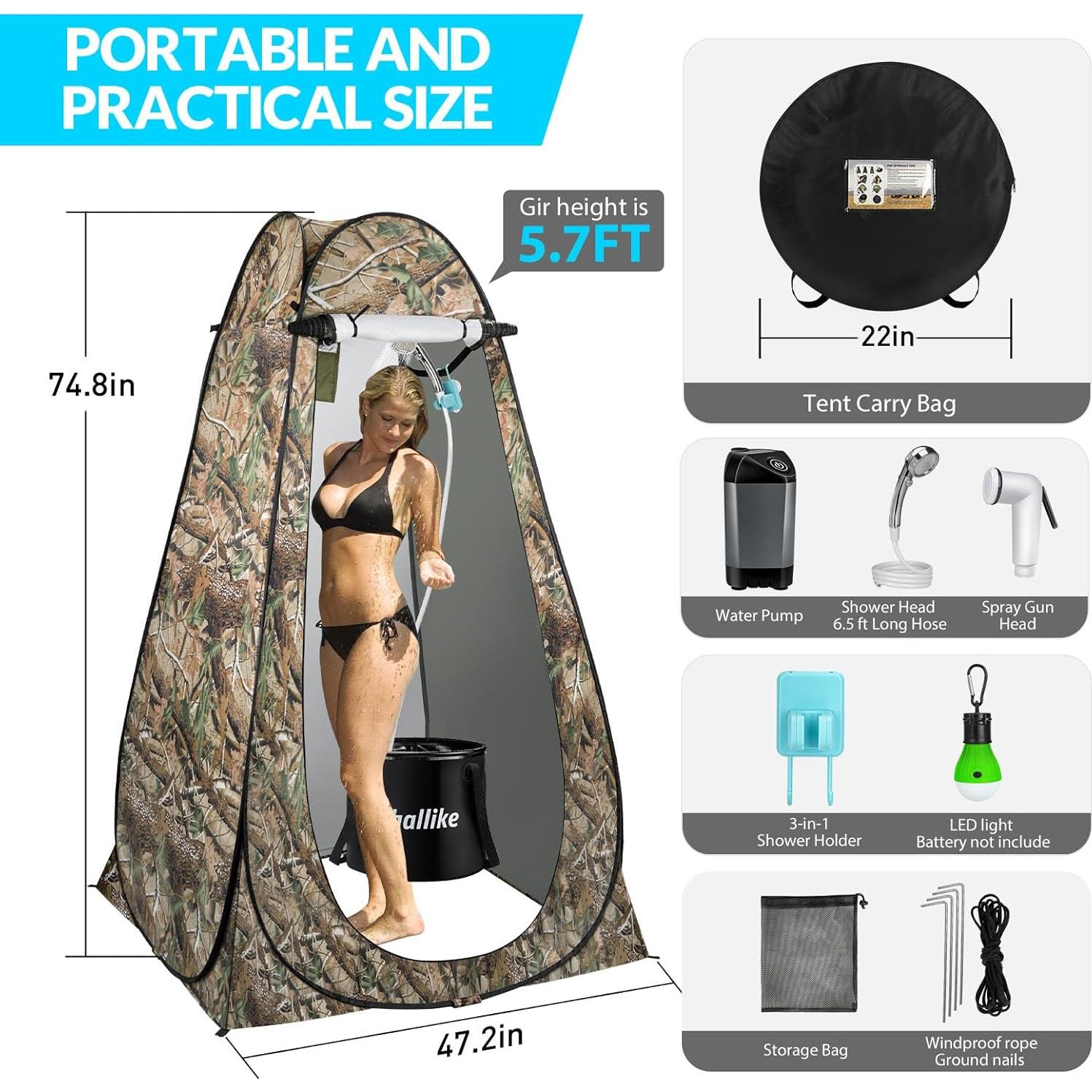 Portable Shower for Camping with Immersion Water Heater, Rechargeable Camping Shower Pump, Outdoor Hot Shower with 6.6 Gallons Folding Bucket for Camping, Hiking, Traveling, Washing
