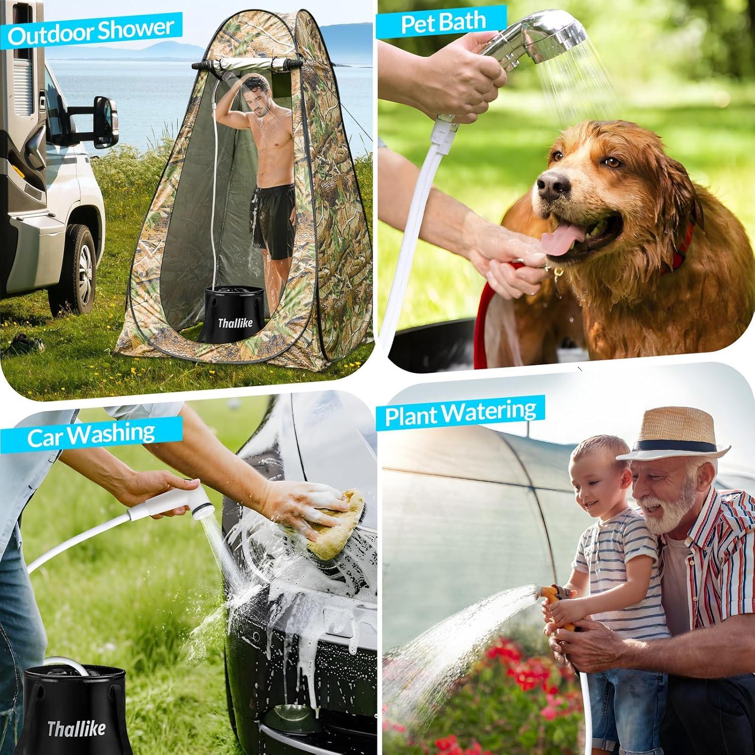 Portable Shower for Camping with Immersion Water Heater, Rechargeable Camping Shower Pump, Outdoor Hot Shower with 6.6 Gallons Folding Bucket for Camping, Hiking, Traveling, Washing