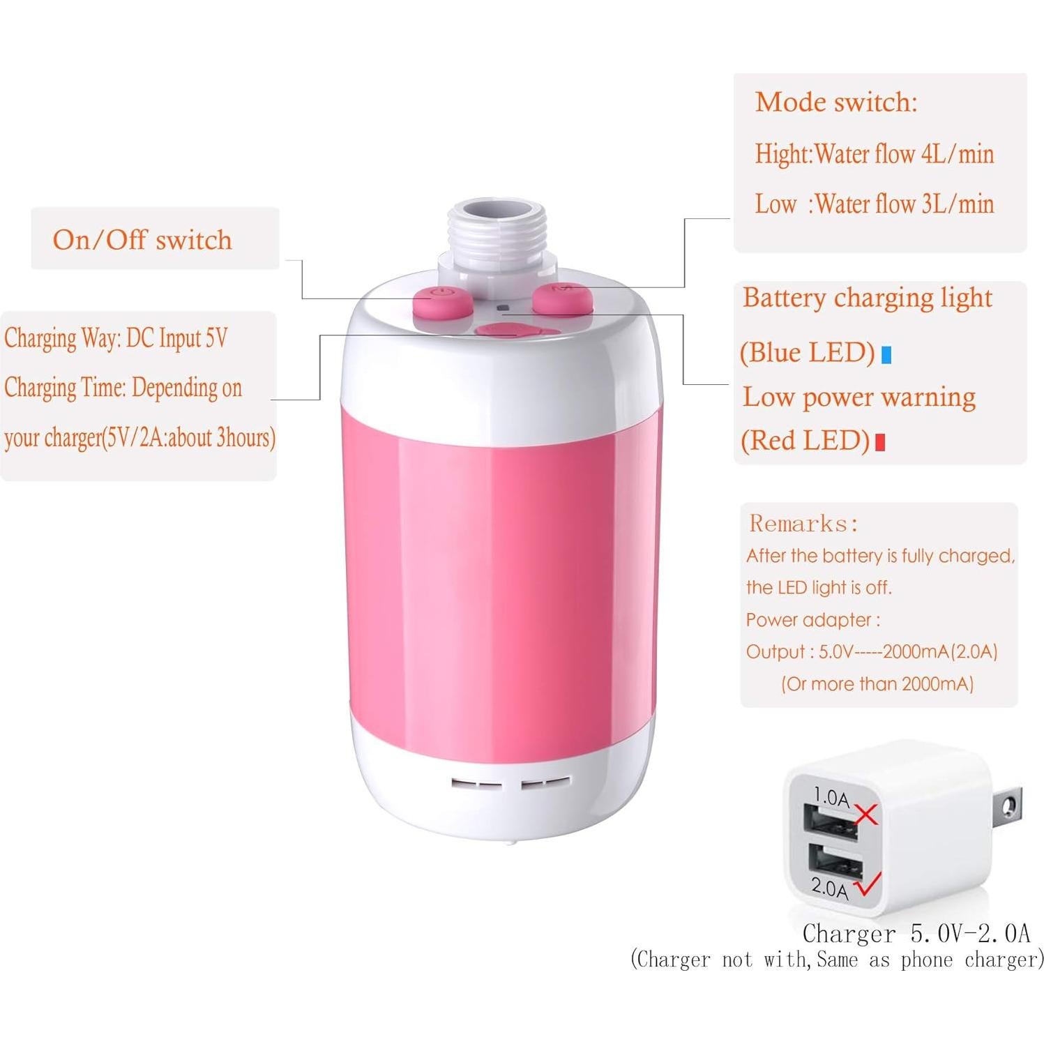 Ducha Portátil Martillo de Hierro Rosa 4800mAh para Camping
