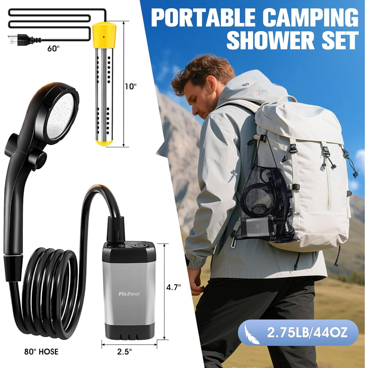 Ducha Portátil FizZeal con Calentador 2000W y Pantalla LED