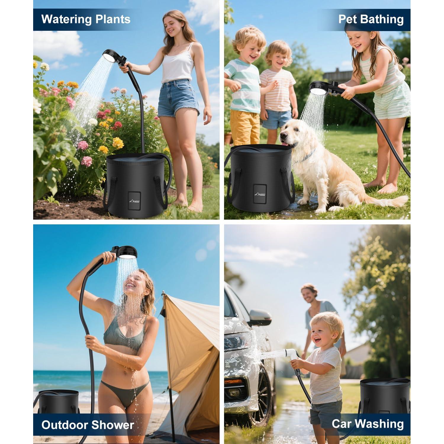 WADEO Portable Shower for Camping, 6000mAh Rechargeable Camping Shower Pump with Camping Light, 5 Gallon Bucket, IPX8 Waterproof, 5 Pressure Modes Outdoor Shower Pump for Hiking, Travel, Pet