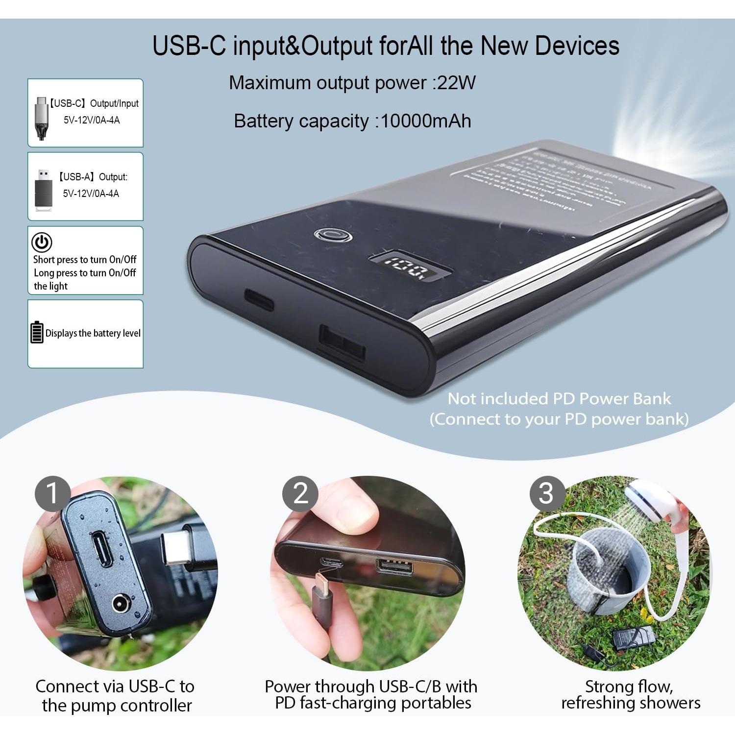 Ducha portátil Iron Hammer 12V alta presión USB-C camping