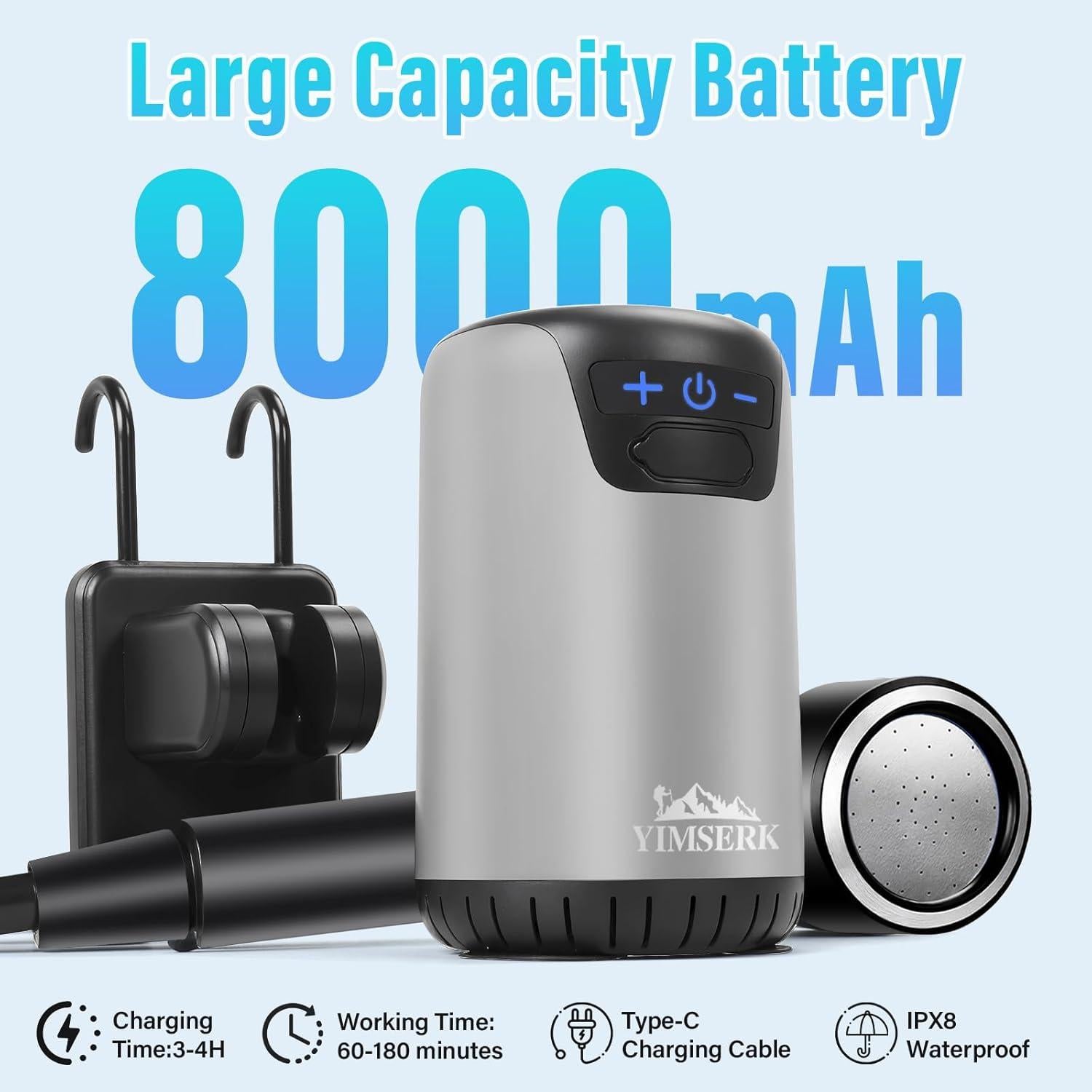 Ducha portátil Yimserk 8000mAh con 10 velocidades y LED