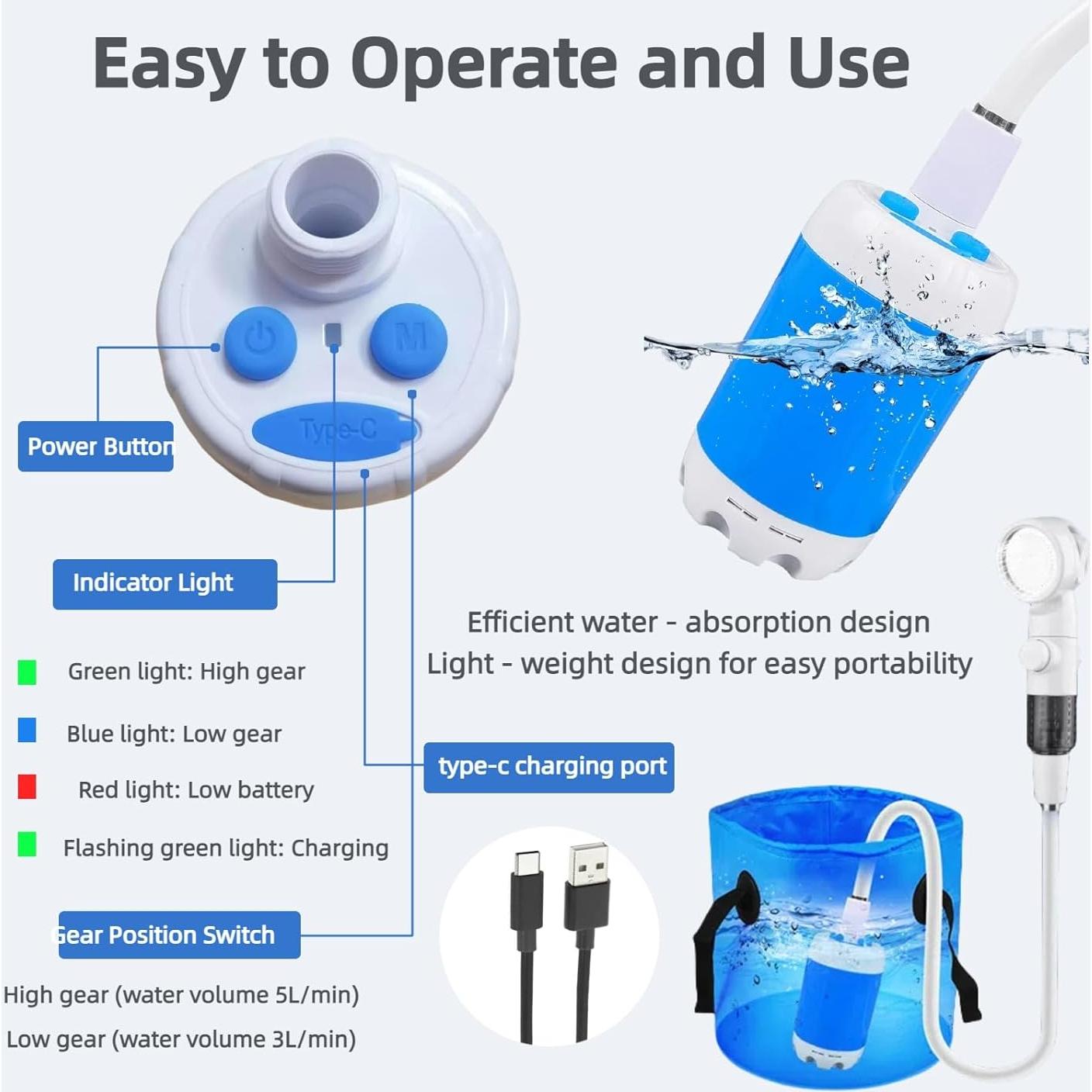 Ducha Portátil Silanit para Camping 4000mAh 3 Modos de Rocío