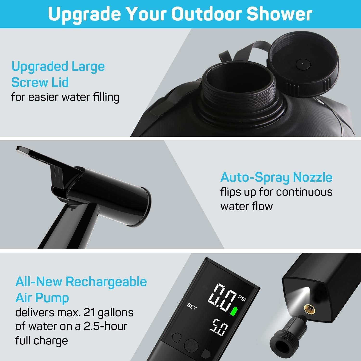 Ducha Portátil para Camping DR.PREPARE 15L con Bomba Recargable