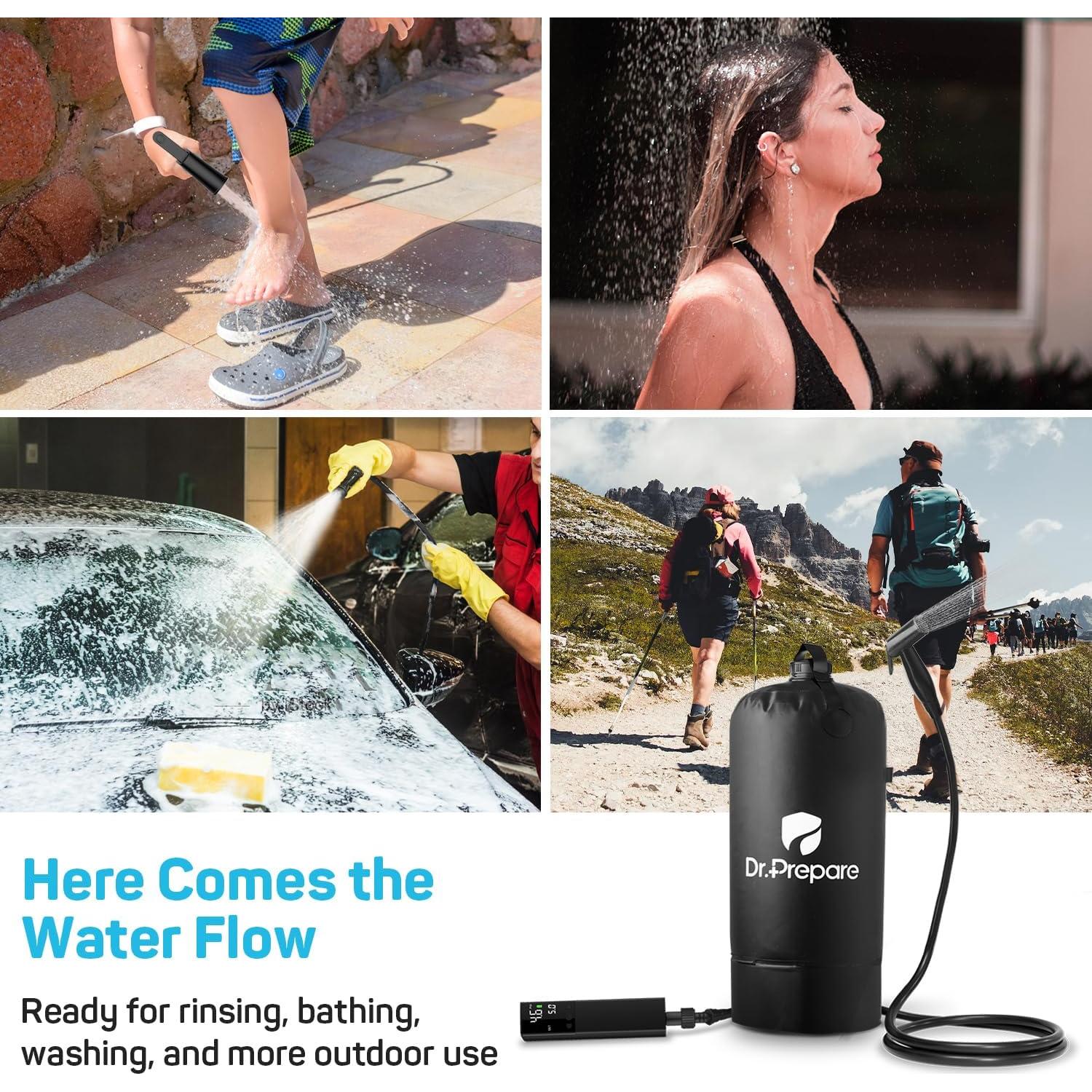 Ducha Portátil para Camping DR.PREPARE 15L con Bomba Recargable