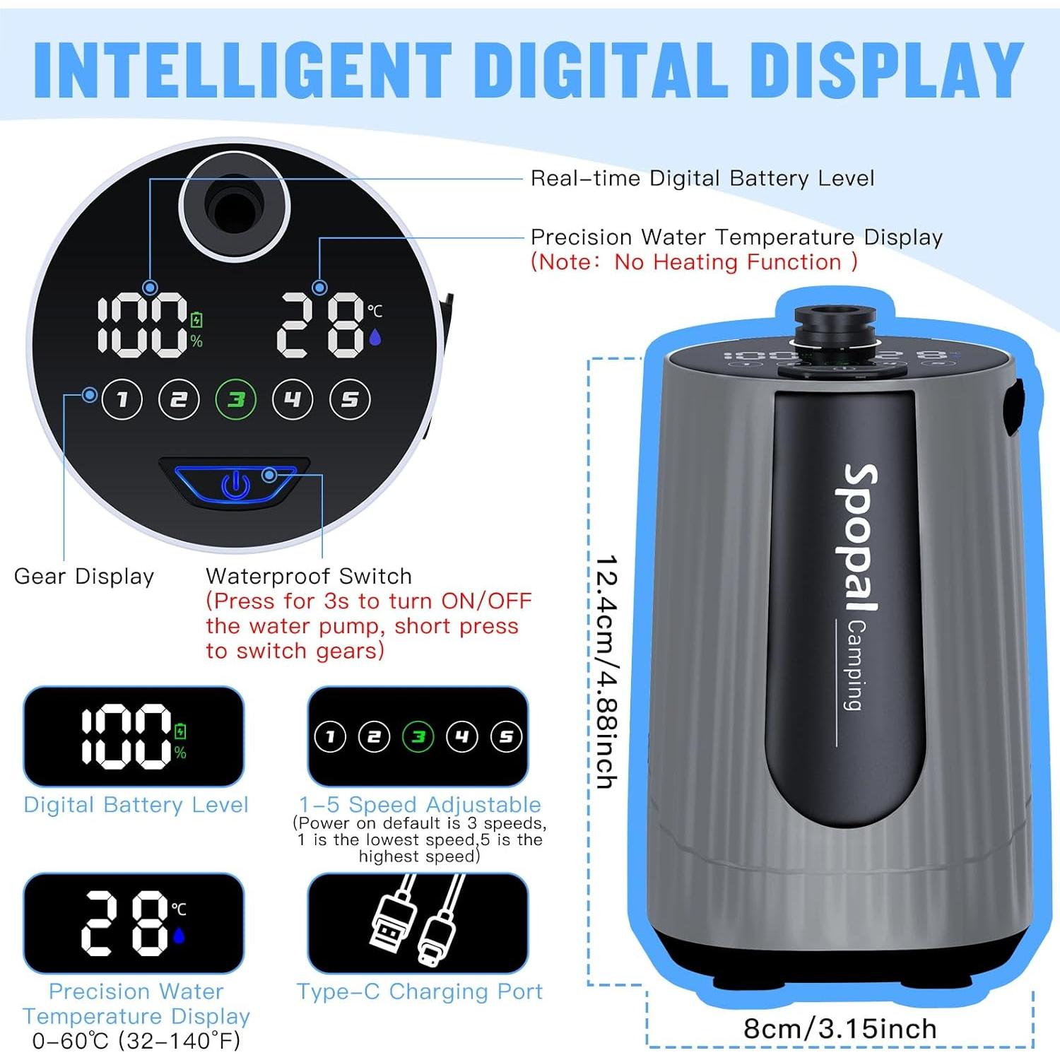 Ducha Portátil Spopal para Camping 10000mAh IPX8 5 Velocidades