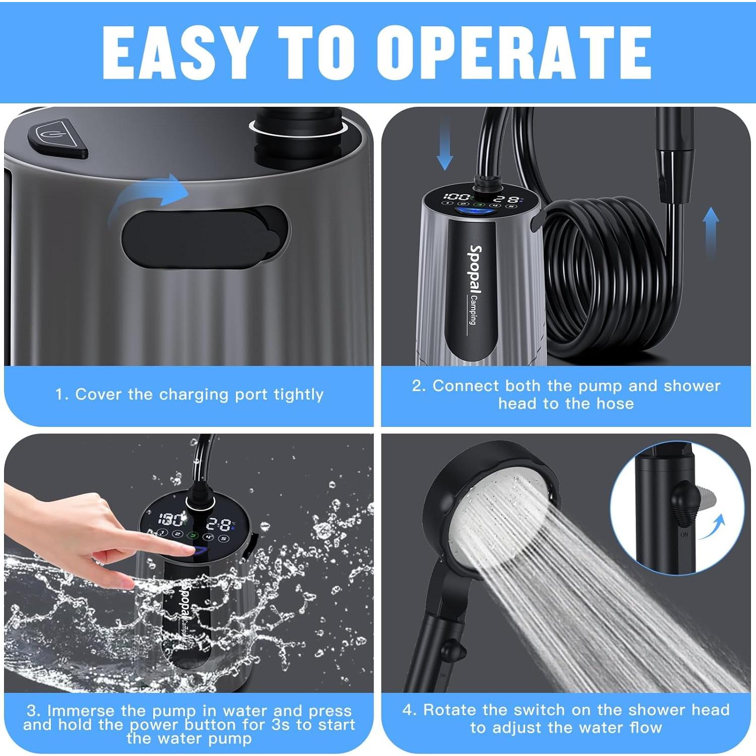 Ducha Portátil Spopal para Camping 10000mAh IPX8 5 Velocidades