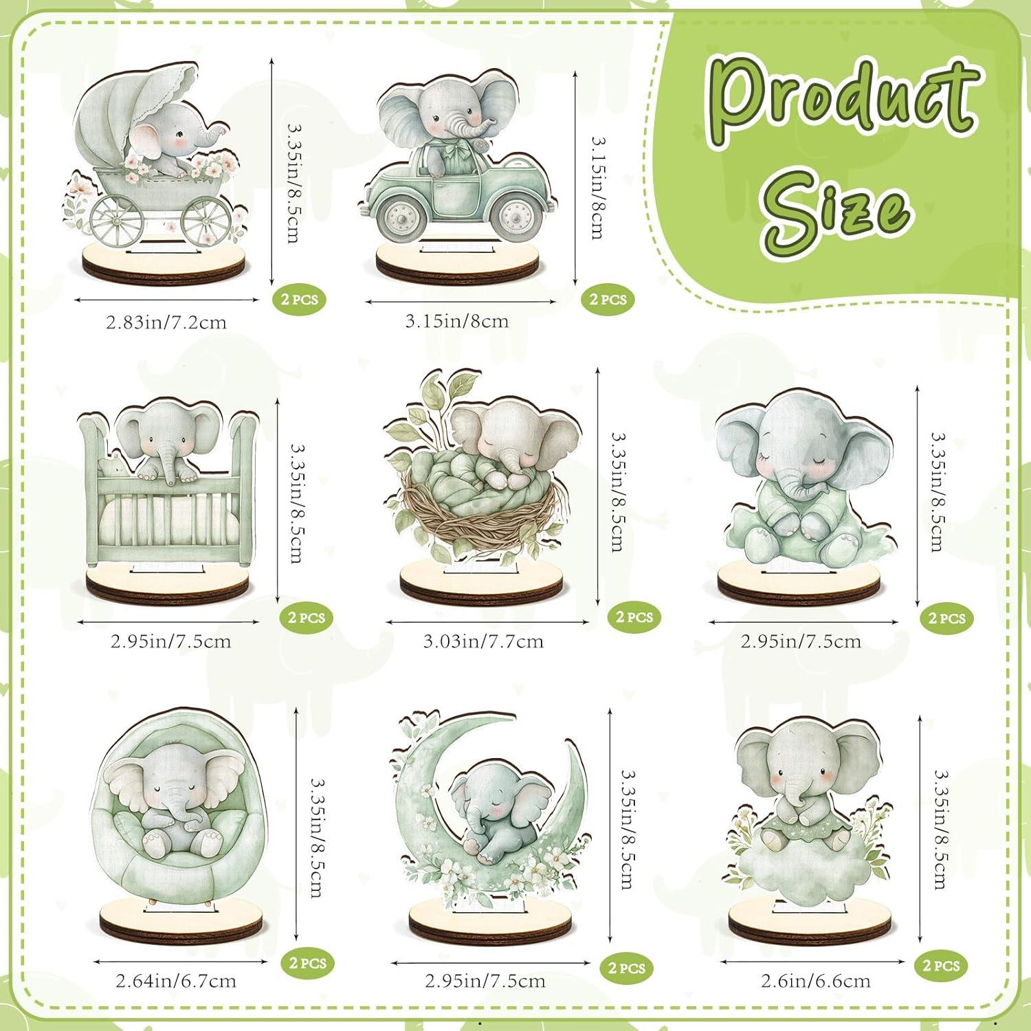 Centro de Mesa de Madera Elefante Verde Salvia 16 Pcs Baby Shower