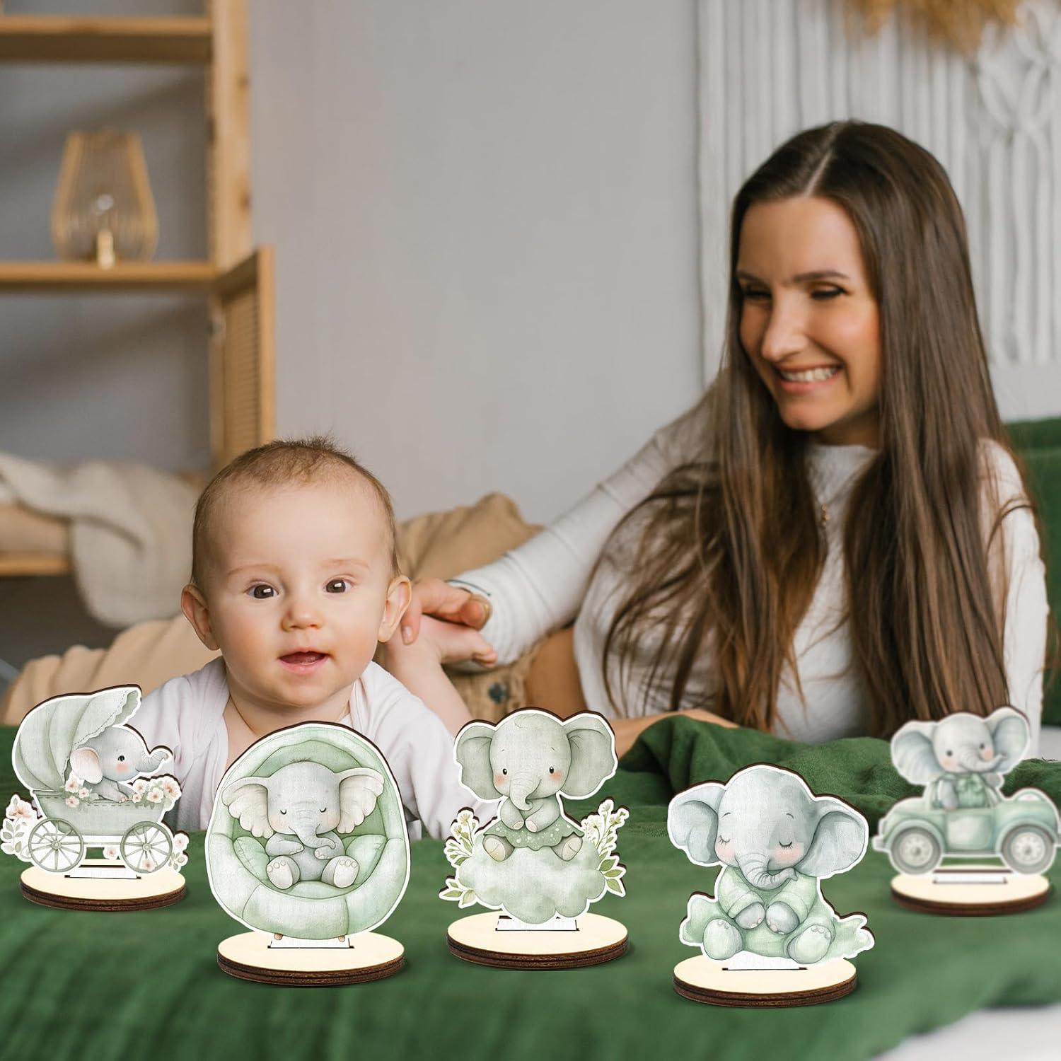 Centro de Mesa de Madera Elefante Verde Salvia 16 Pcs Baby Shower
