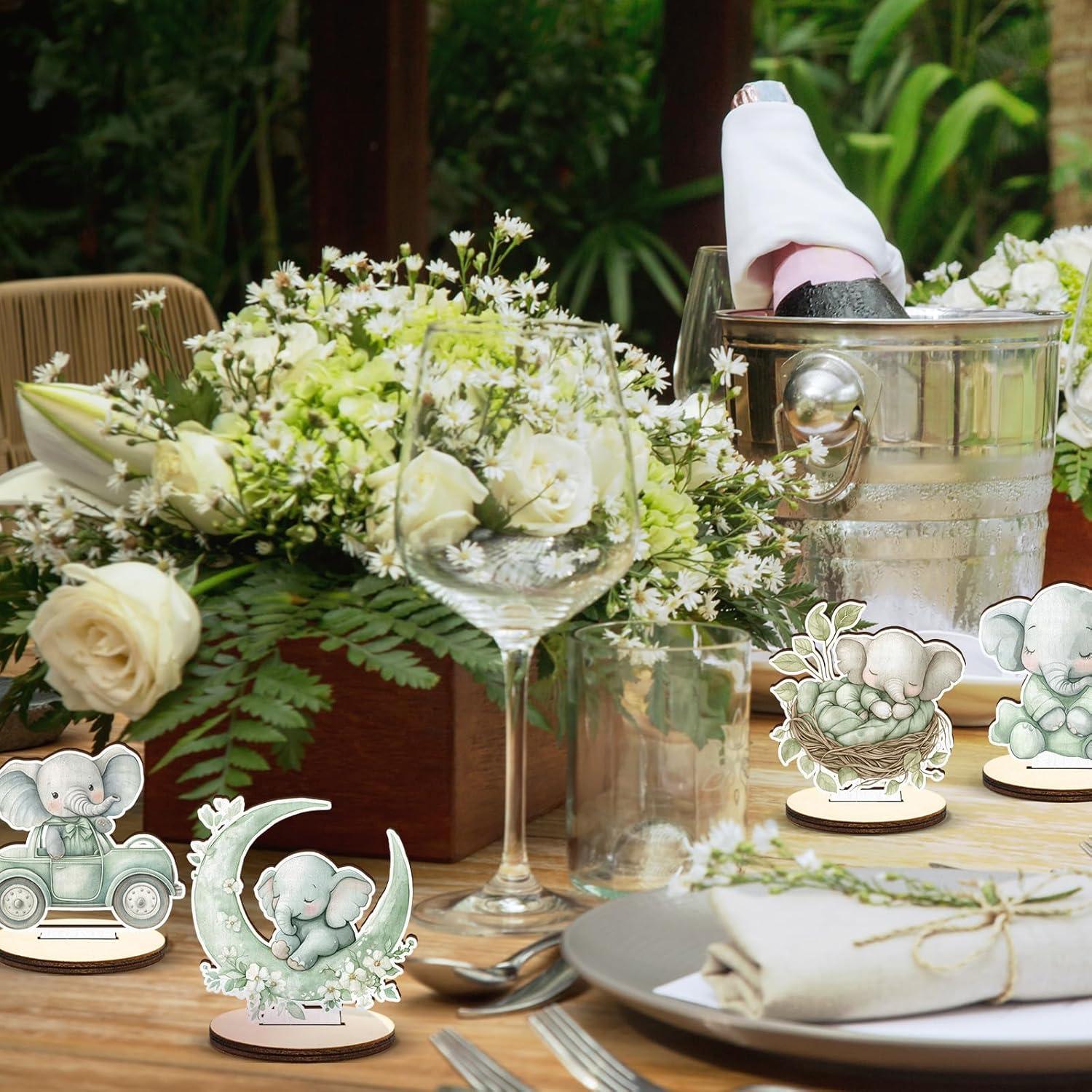 Centro de Mesa de Madera Elefante Verde Salvia 16 Pcs Baby Shower