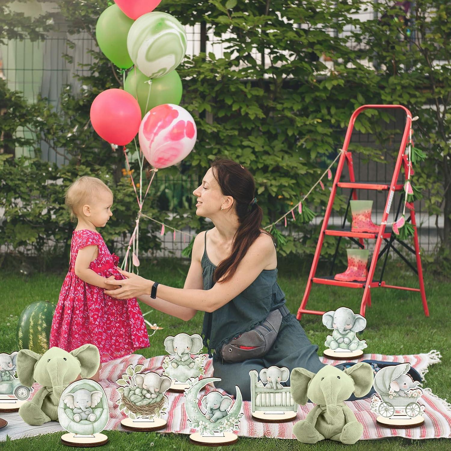 Centro de Mesa de Madera Elefante Verde Salvia 16 Pcs Baby Shower