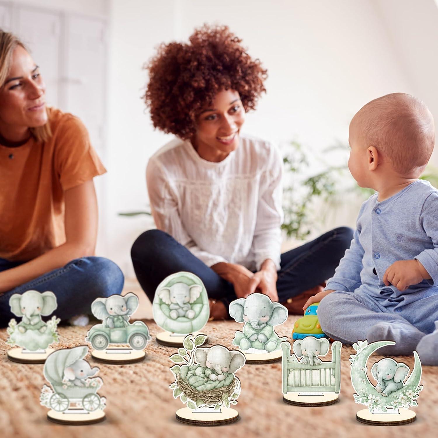 Centro de Mesa de Madera Elefante Verde Salvia 16 Pcs Baby Shower