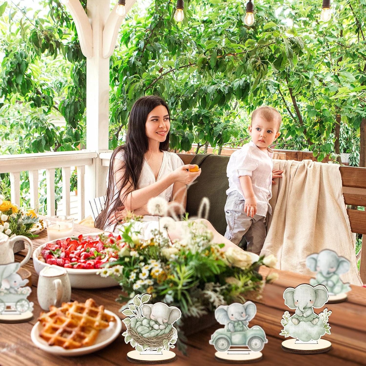 Centro de Mesa de Madera Elefante Verde Salvia 16 Pcs Baby Shower