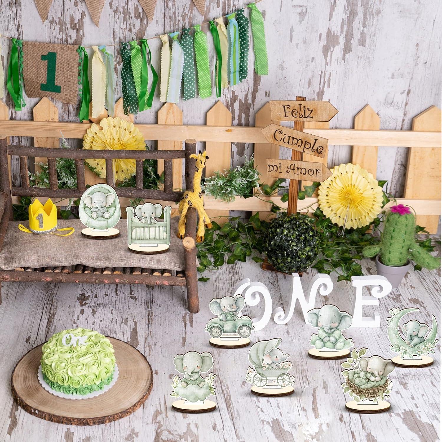 Centro de Mesa de Madera Elefante Verde Salvia 16 Pcs Baby Shower