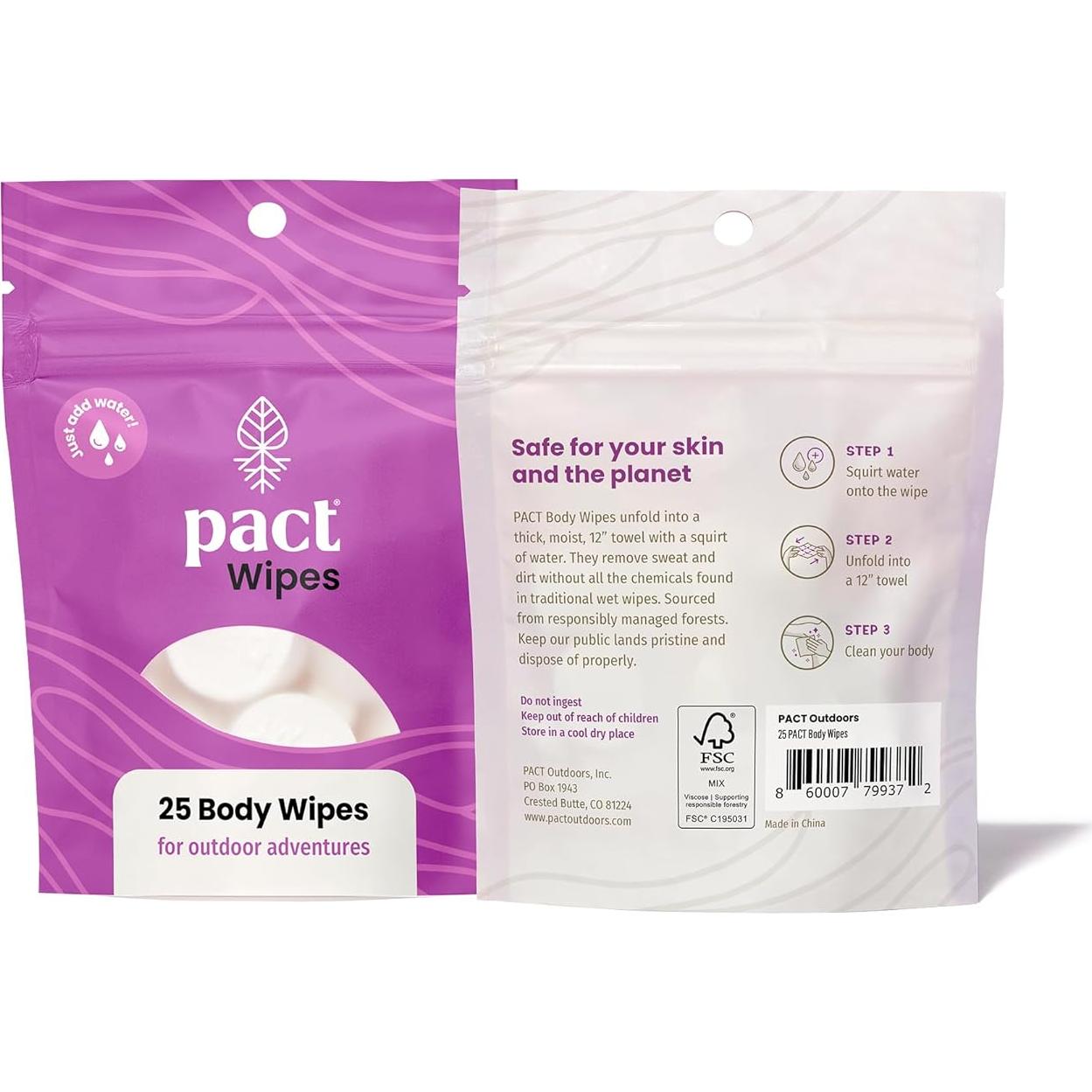 Toallitas PACT Comprimidas para Camping - 25 Unidades 30x30 cm