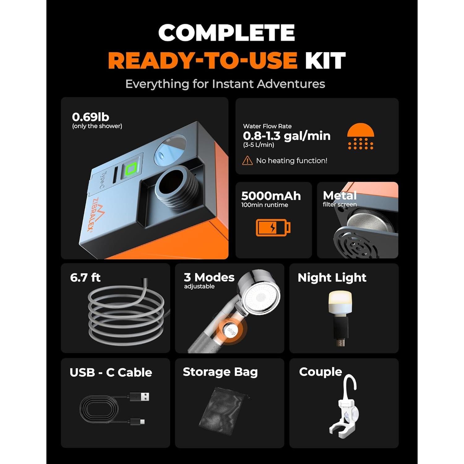 Ducha Portátil ZIBRALEX RC-04 Compacta IPX7 3 Modos