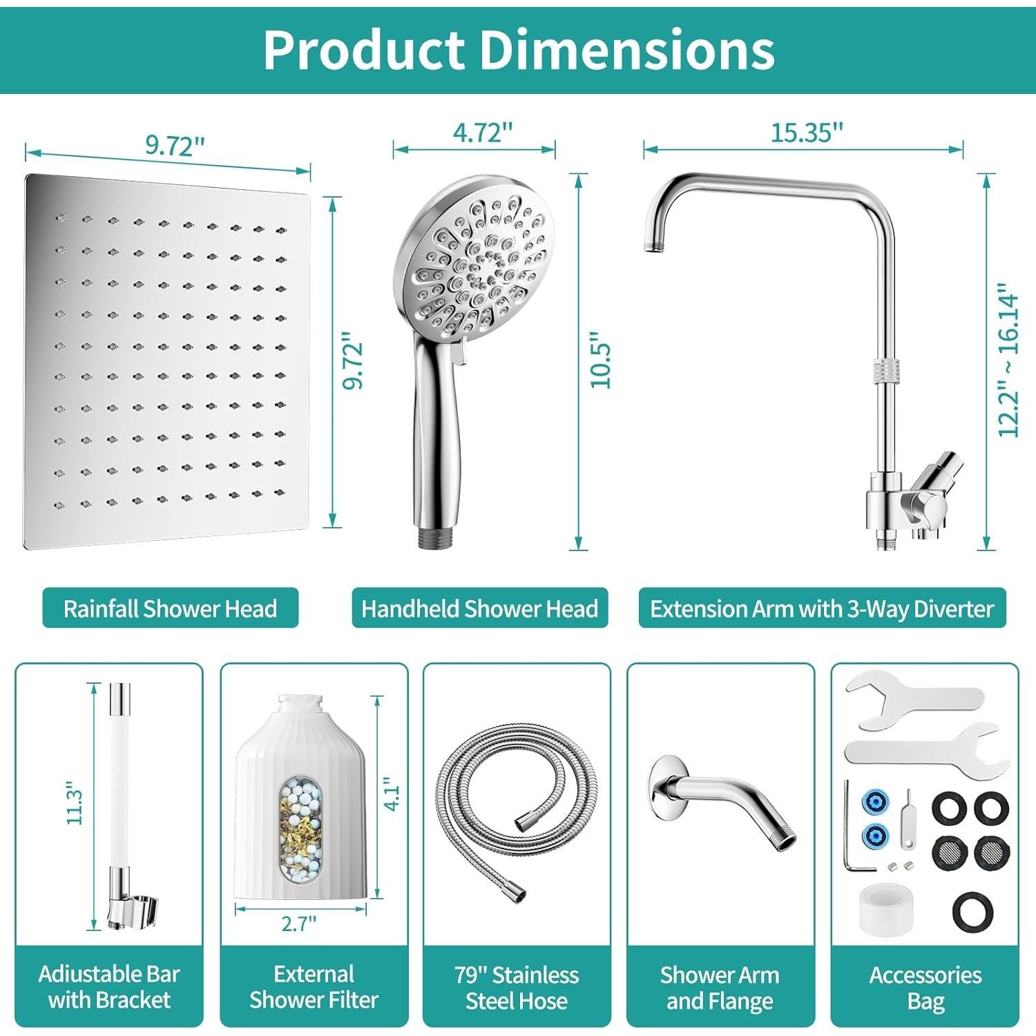 Cabezal de Ducha Doble MIAOHUI 10" Filtrado 7 Funciones Cromo