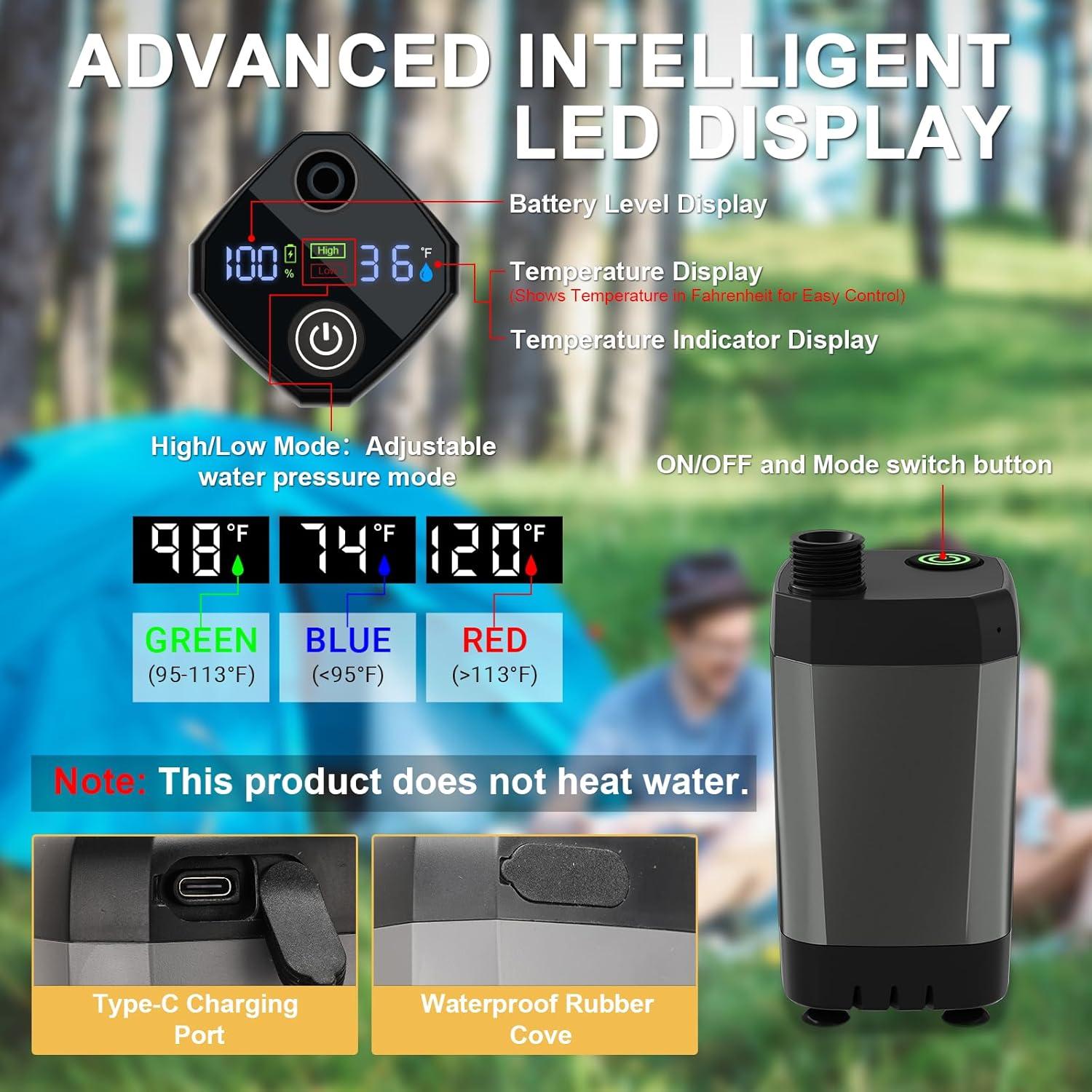 Ducha Portátil NOVCAPAR Recargable con Pantalla LED IPX8