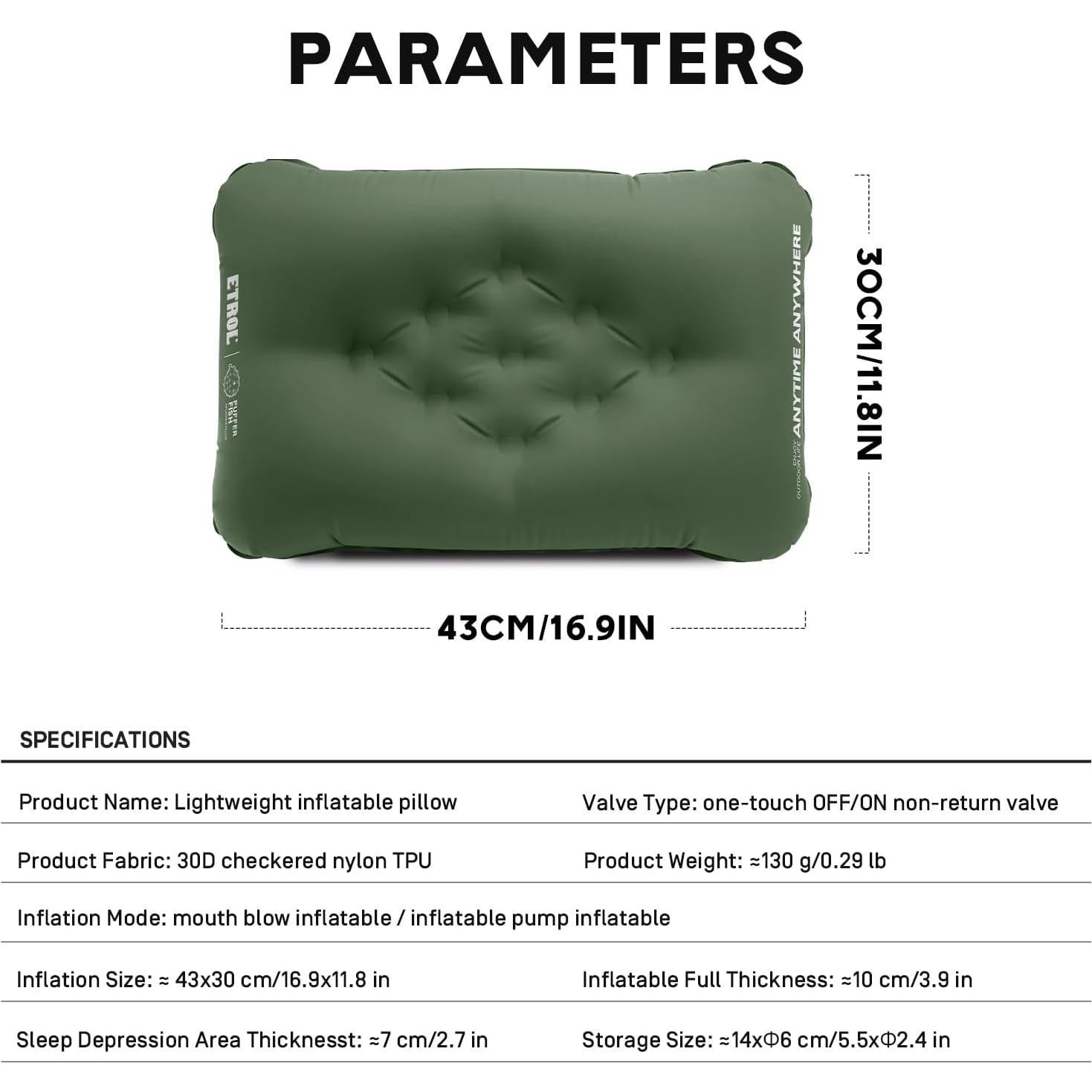Almohada Inflable de Camping ETROL Verde Oliva 43x30cm