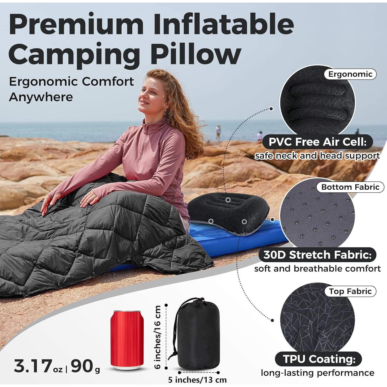 Almohada Inflable ATEPA Negra Ergonómica para Camping 0.09 kg
