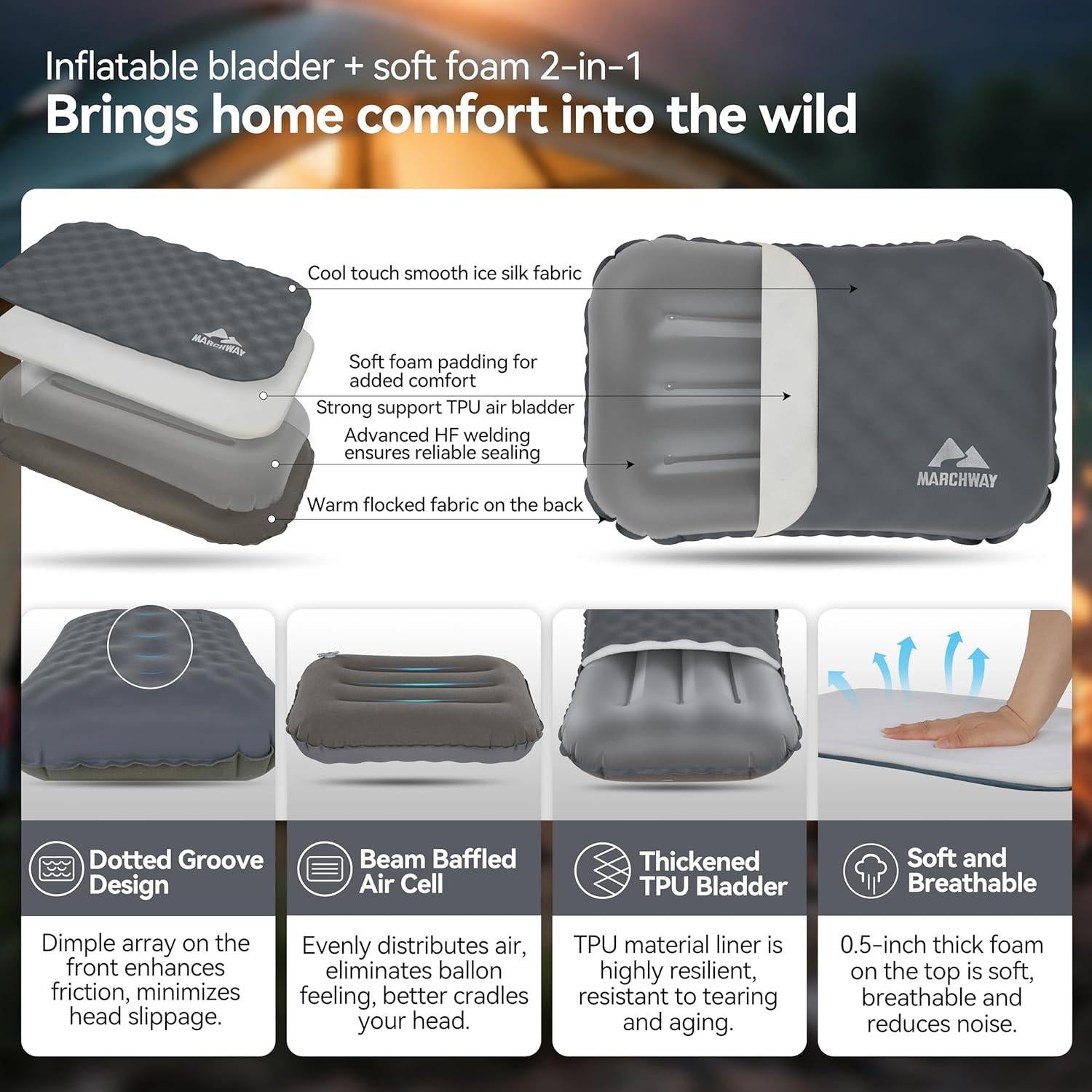 Almohada Inflable MARCHWAY para Camping y Viajes - Gris