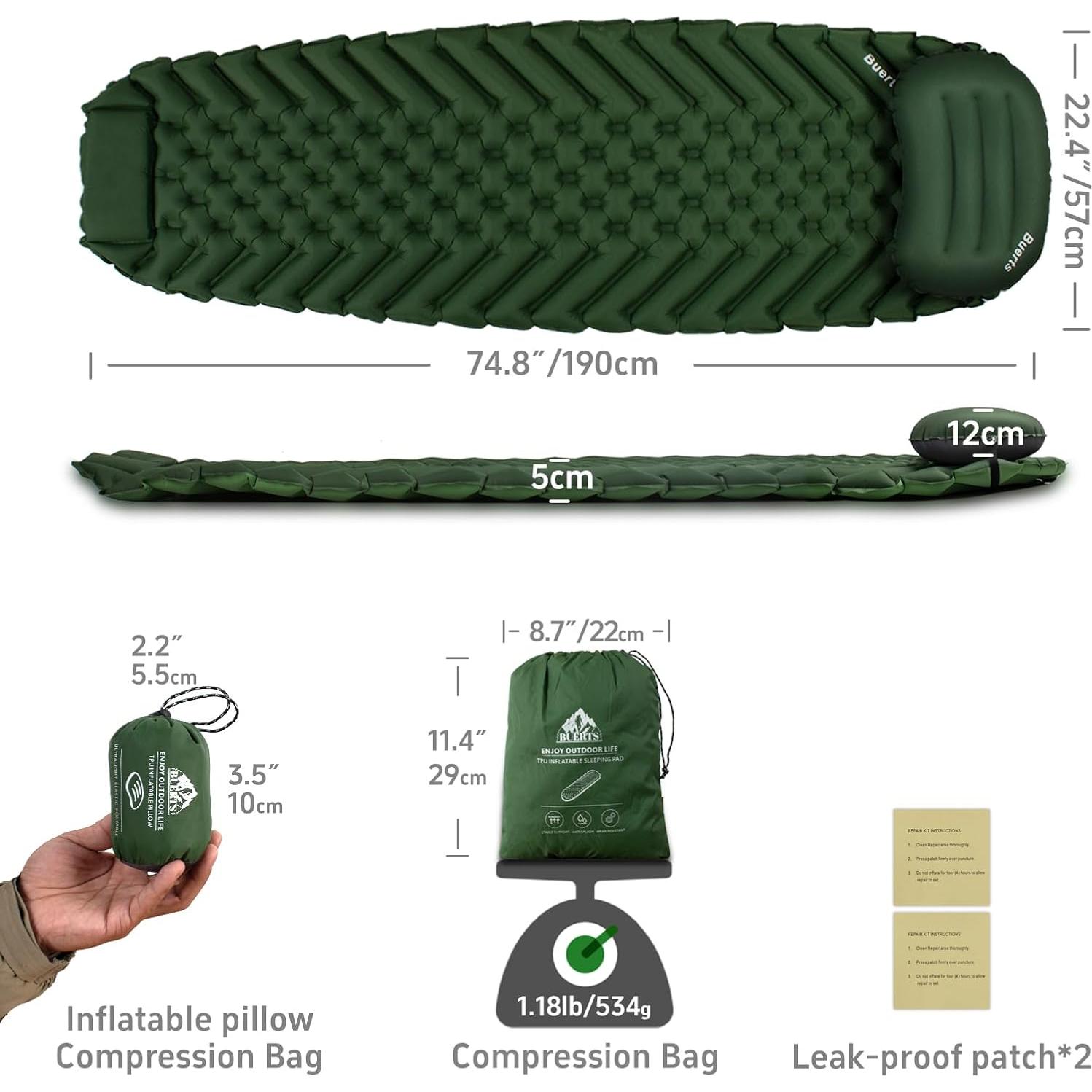 Colchoneta Inflable de Camping BUERTS BPDM-01 Verde 189x57cm