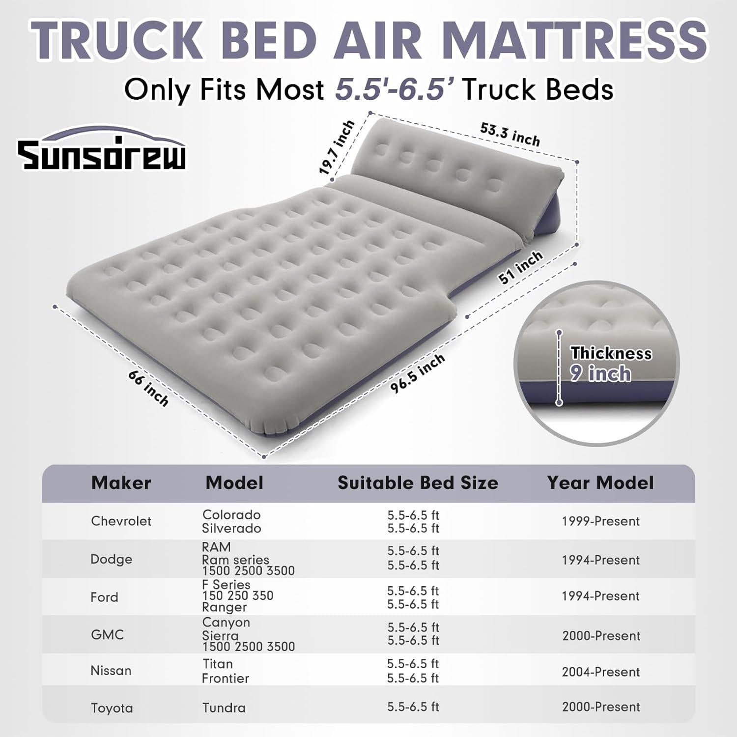 Colchón de Aire Sunsdrew para Camiones 5.5-6.5 pies con Almohada
