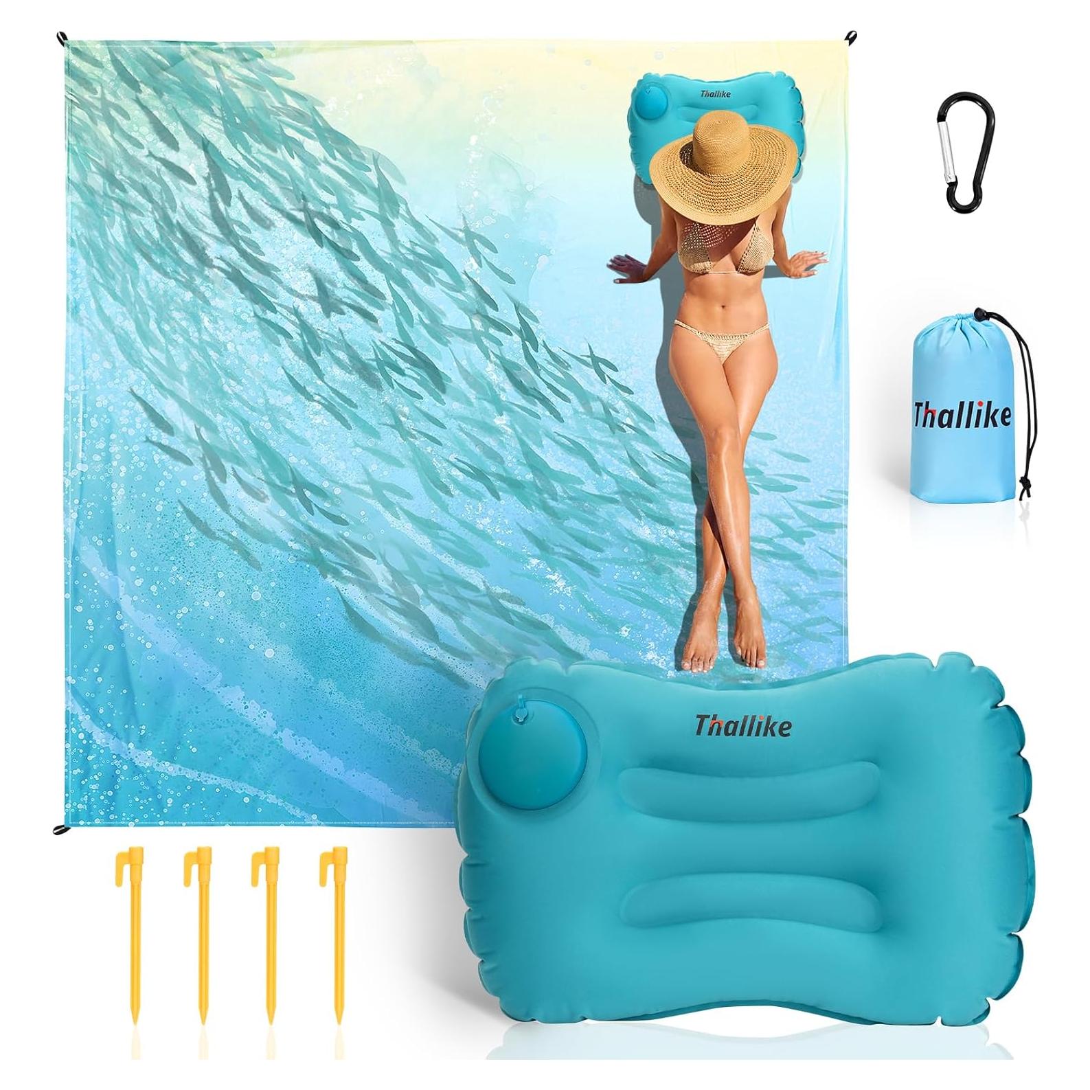 Manta de Playa Thallike Impermeable 200x210 cm con Almohada Inflable