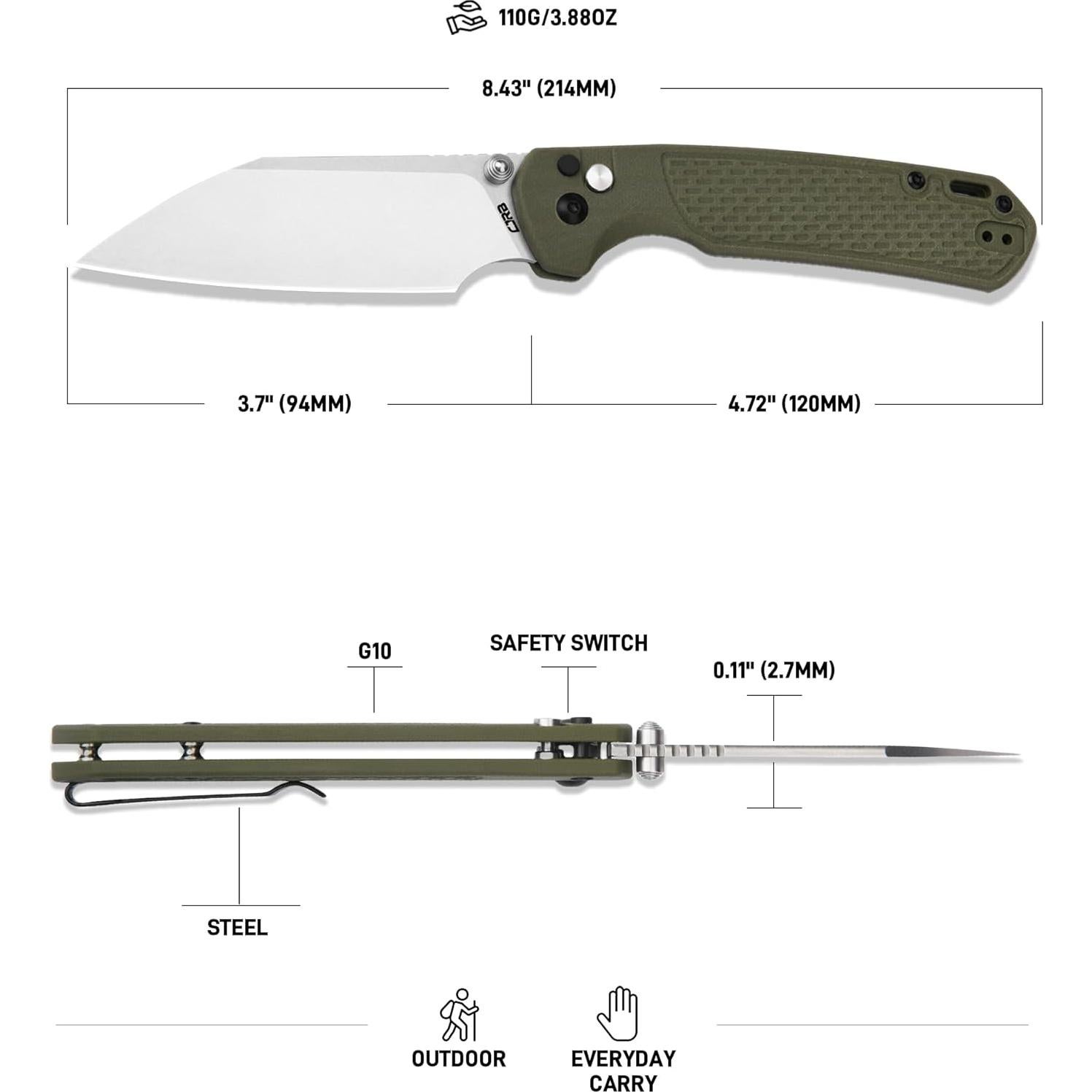 Cuchillo EDC CJRB J1945L Grande Pyrite-Light 21.4 cm Verde