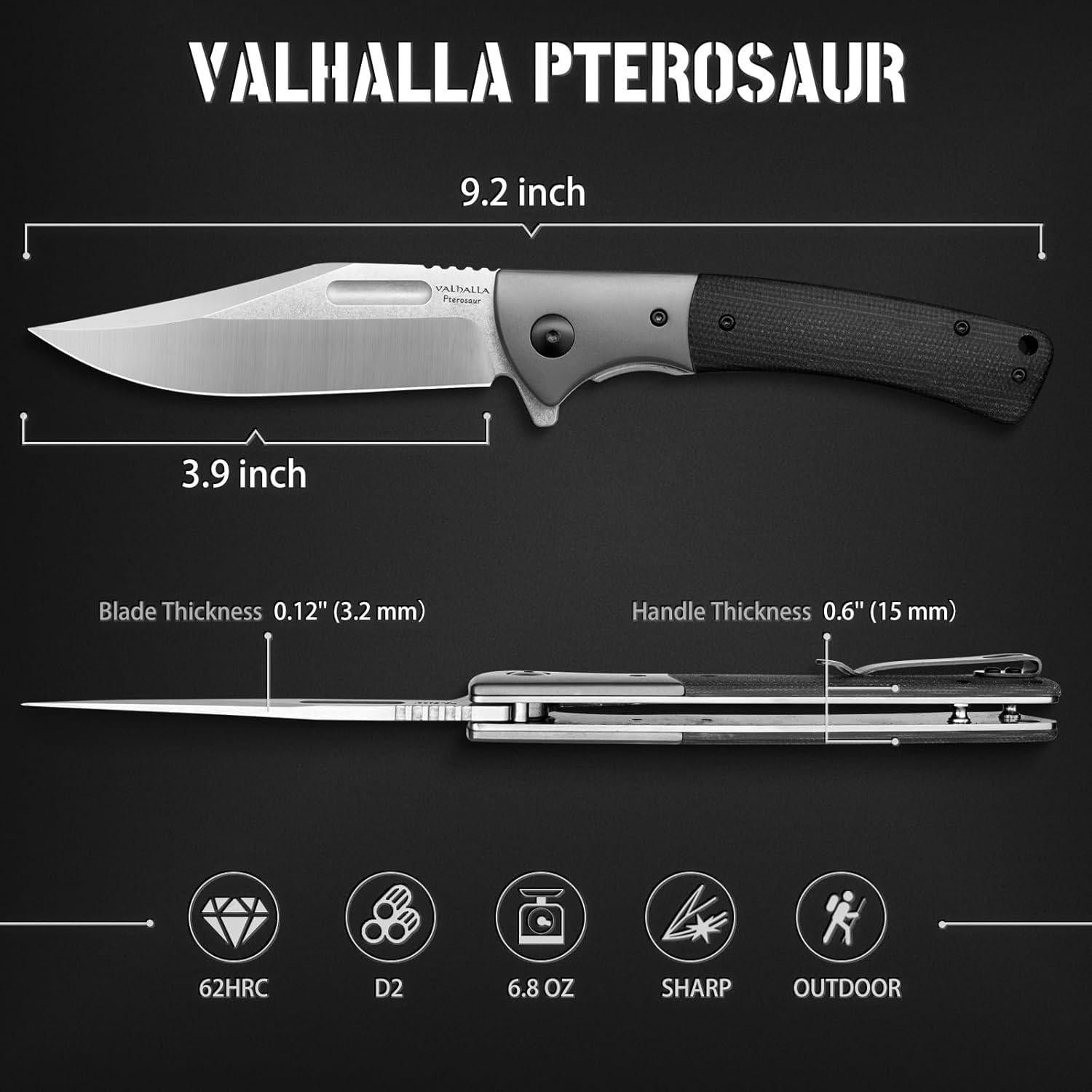 Cuchillo de bolsillo VALHALLA PTEROSAUR, acero D2 9.9 cm, negro