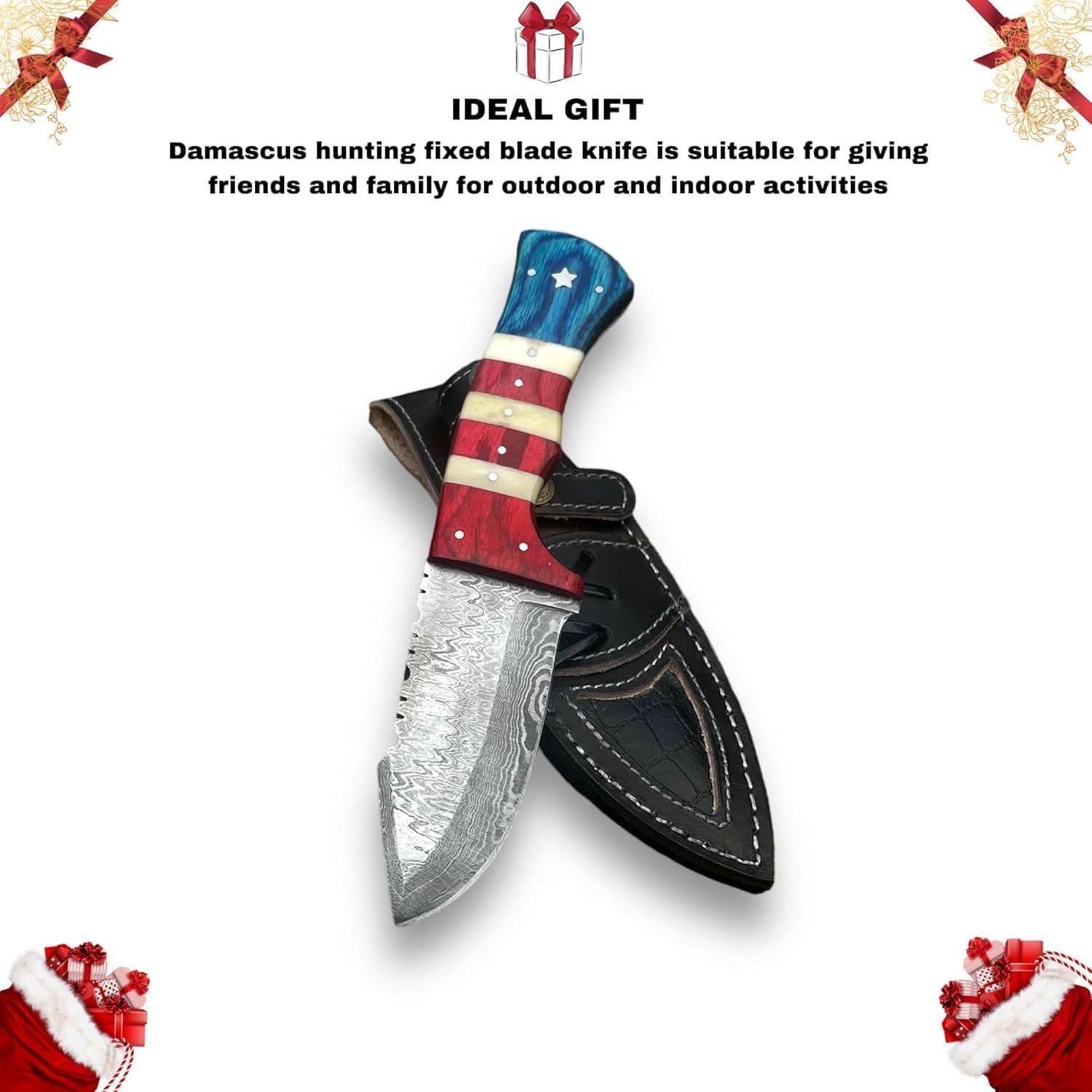 Cuchillo de Caza Damasco MOHID ENT 23 cm con Funda de Cuero