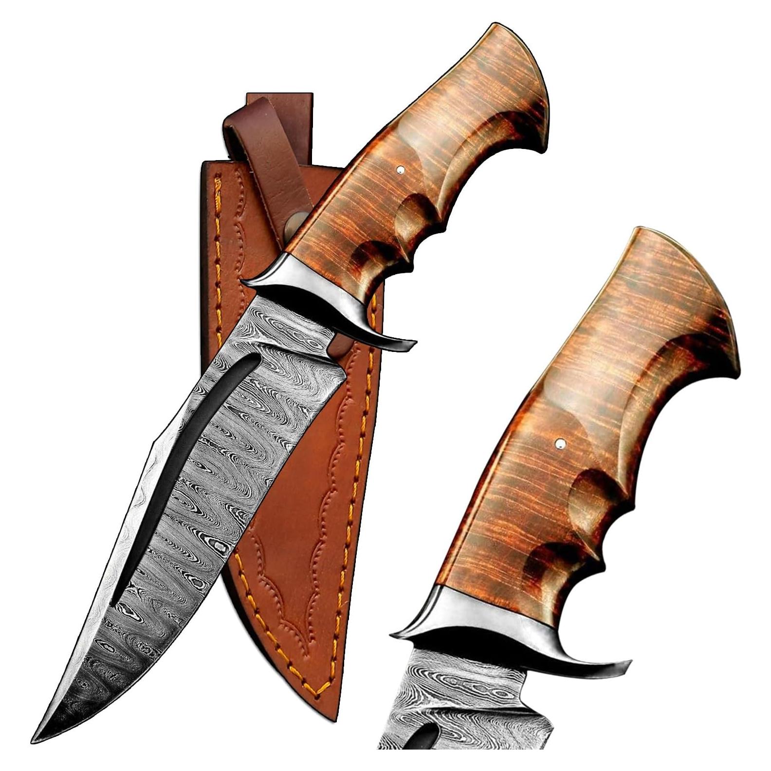 Cuchillo de Caza Afhzam Damasco Hecho a Mano con Funda de Cuero