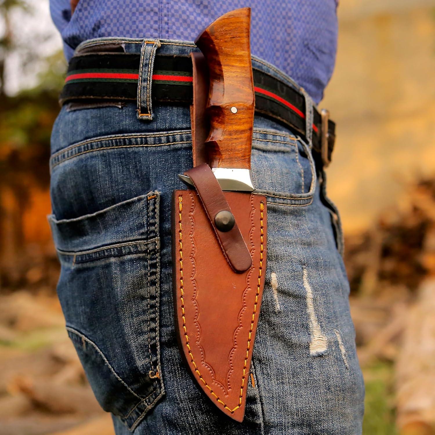 Cuchillo de Caza Afhzam Damasco Hecho a Mano con Funda de Cuero