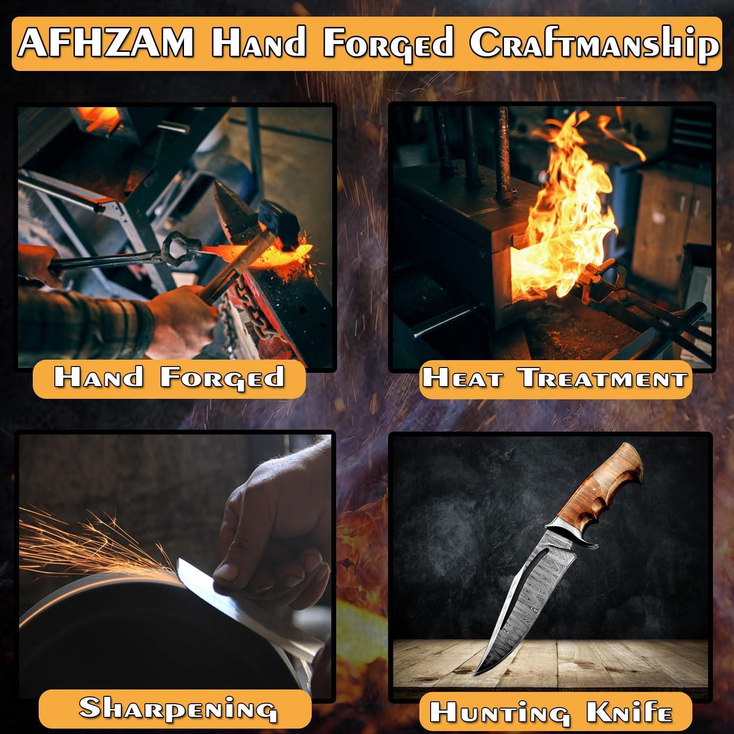 Cuchillo de Caza Afhzam Damasco Hecho a Mano con Funda de Cuero