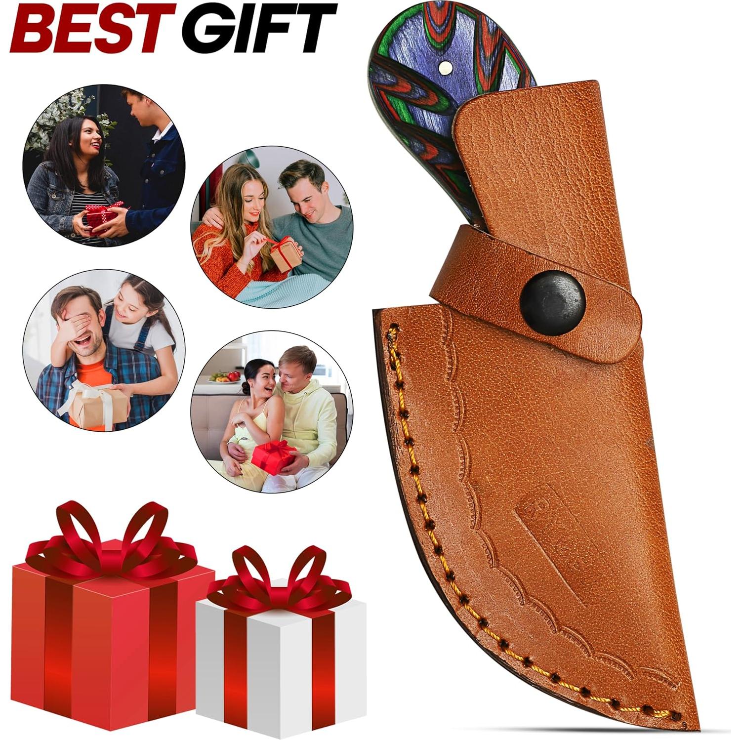 Cuchillo de Damasco RYOBA 16.5 cm con Funda de Cuero