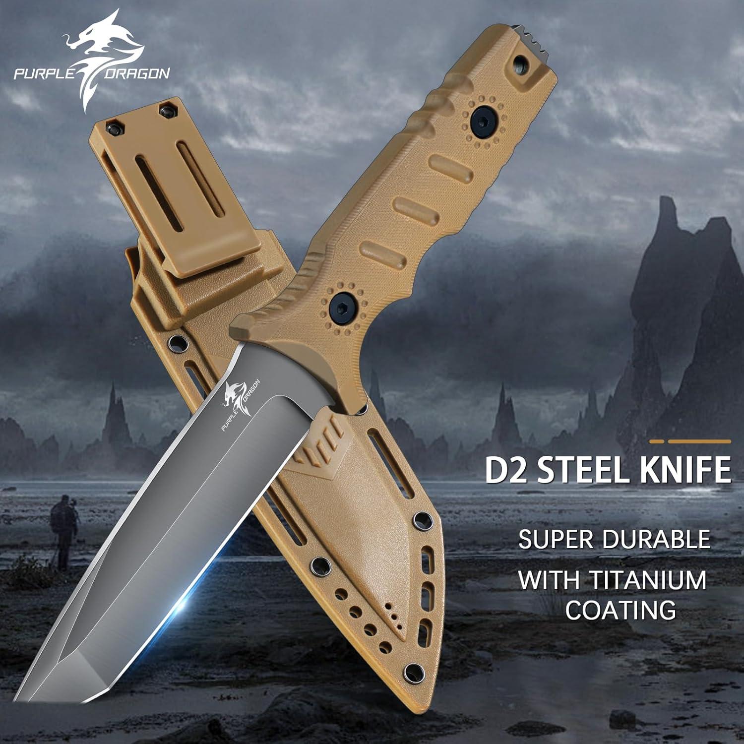 Cuchillo Fijo Dragón Púrpura 24.5cm Acero D2 Caqui