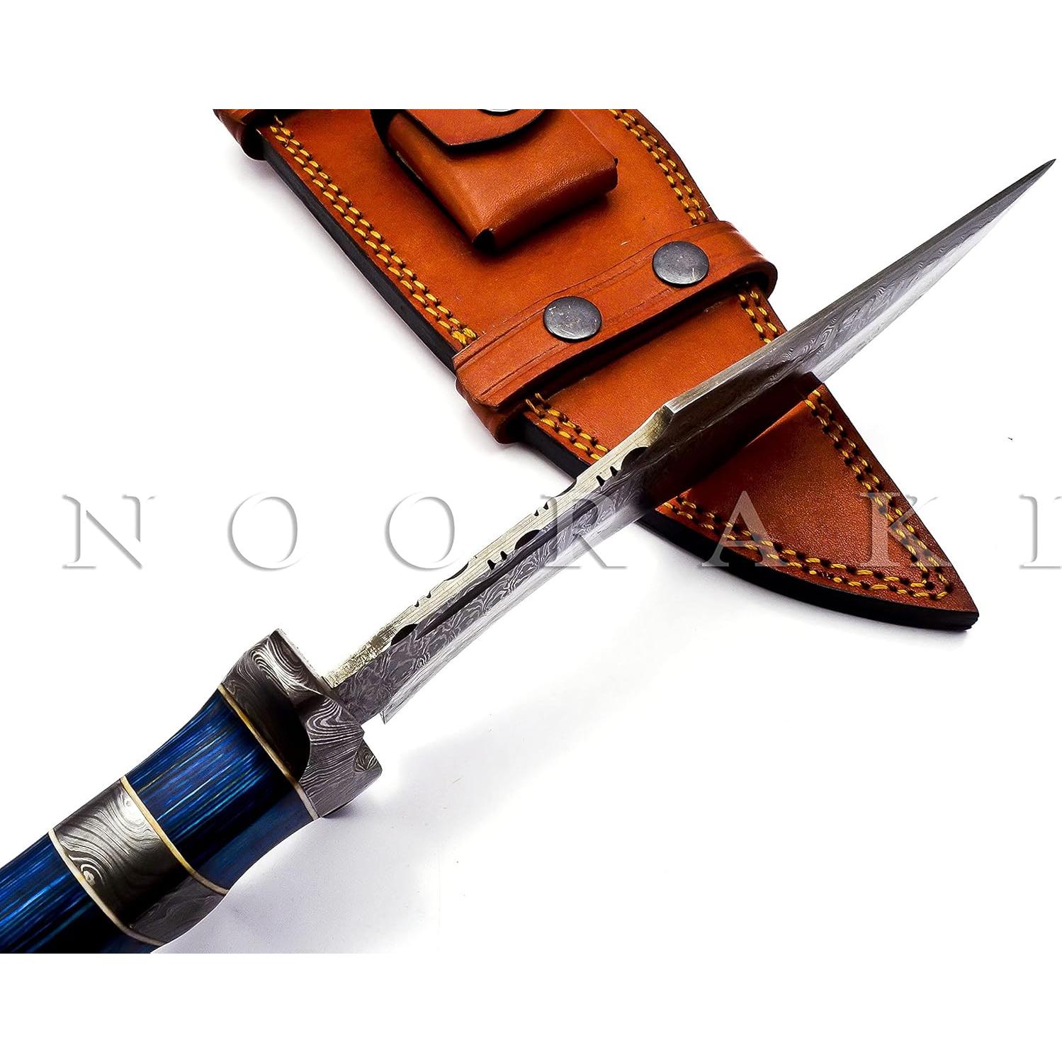 Cuchillo Bowie Nooraki Damasco 38.1 cm con Funda de Cuero